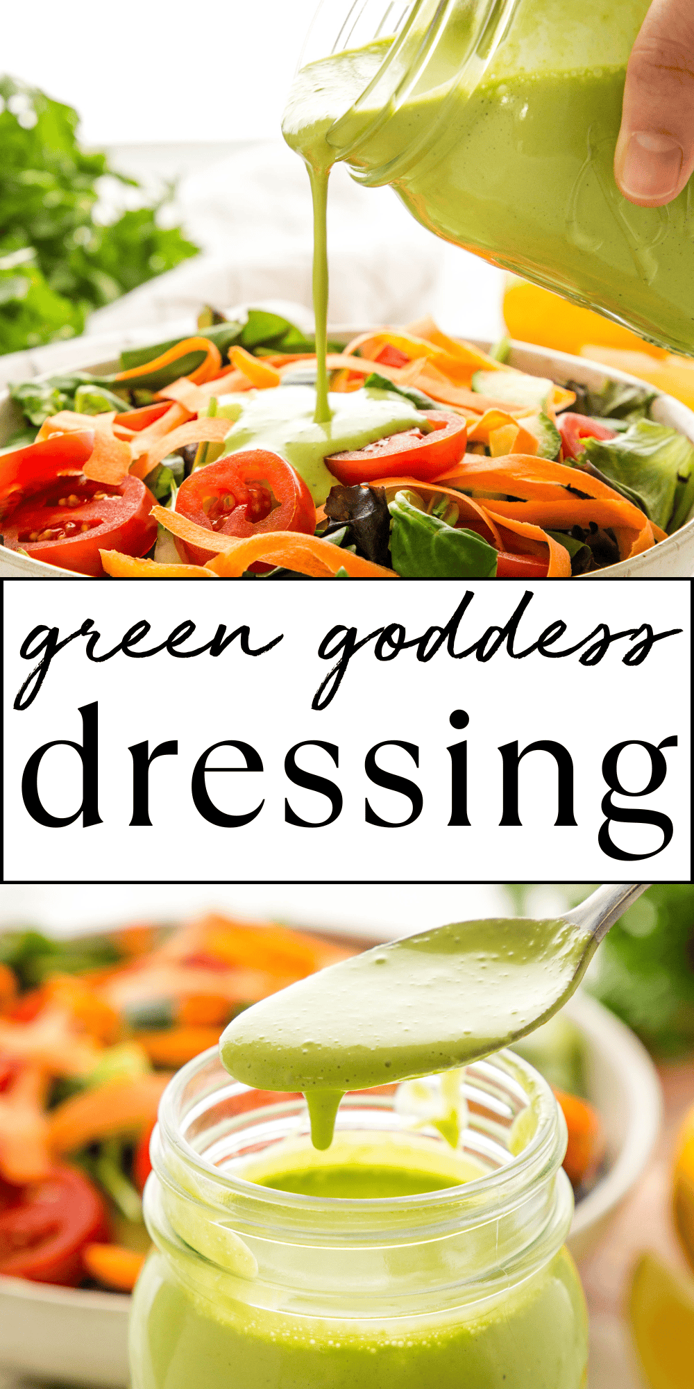 This Green Goddess Salad Dressing recipe is ultra creamy and smooth, made with fresh herbs and bursting with flavour. Perfect for salads or dipping! Recipe from thebusybaker.ca! #greengoddessdressing #greengoddesssaladdressing #saladdressing #homemadesaladdressing #homemade #healthy #lowfat #lowcarb #fresh #weightloss #creamy #easyrecipe via @busybakerblog