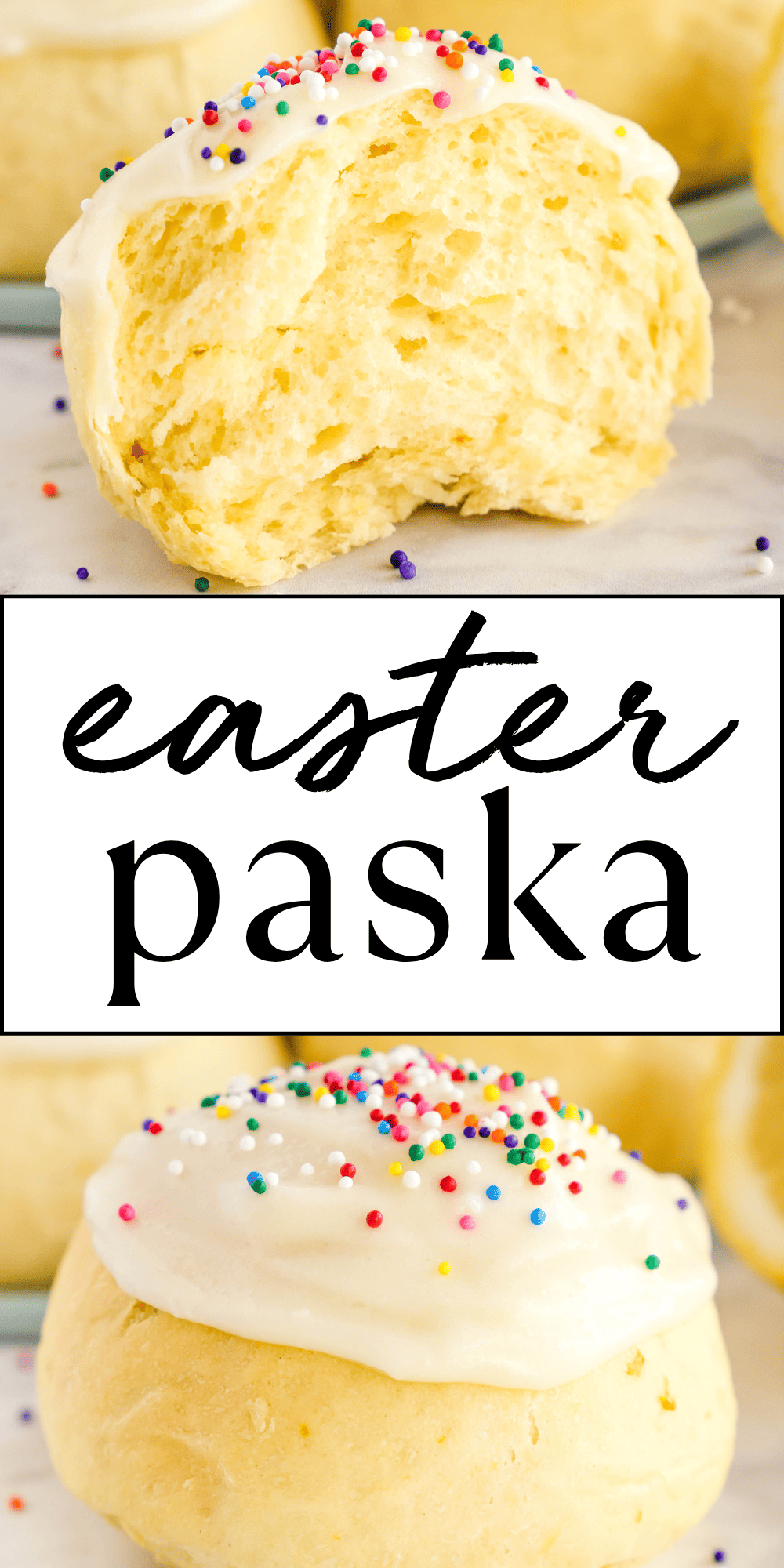 These Paska Buns and Bread are the perfect sweet treat for Easter or spring! Made with a fresh citrus-infused simple sweet dough, creamy frosting and sprinkles! Recipe from thebusybaker.ca! #easterbread #easterpaskabuns #easterpaskabread #paska #easter #baking #easterbaking #easterrecipe #sweetbread #sweetbuns via @busybakerblog