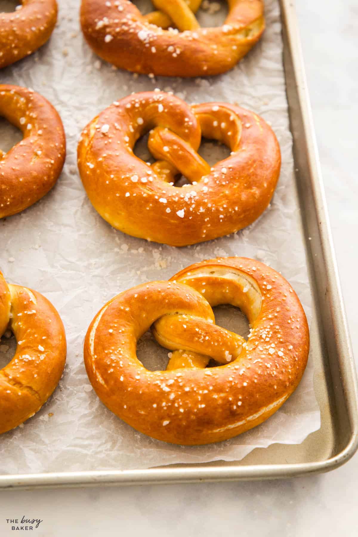 soft and chewy pretzels on a baking sheet