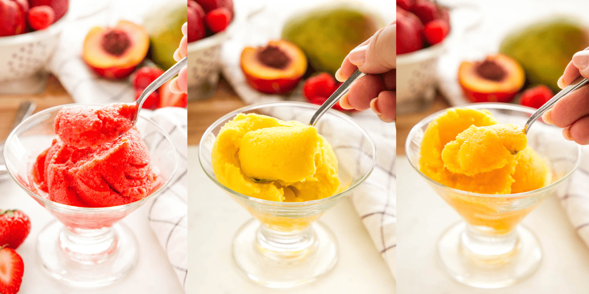 collage image of strawberry, peach and mango sorbet