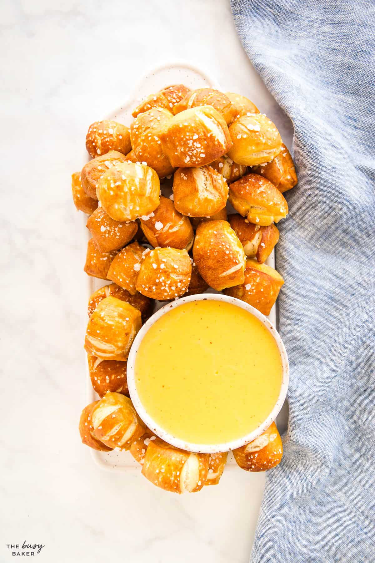 overhead image: creamy dip with pretzel bites