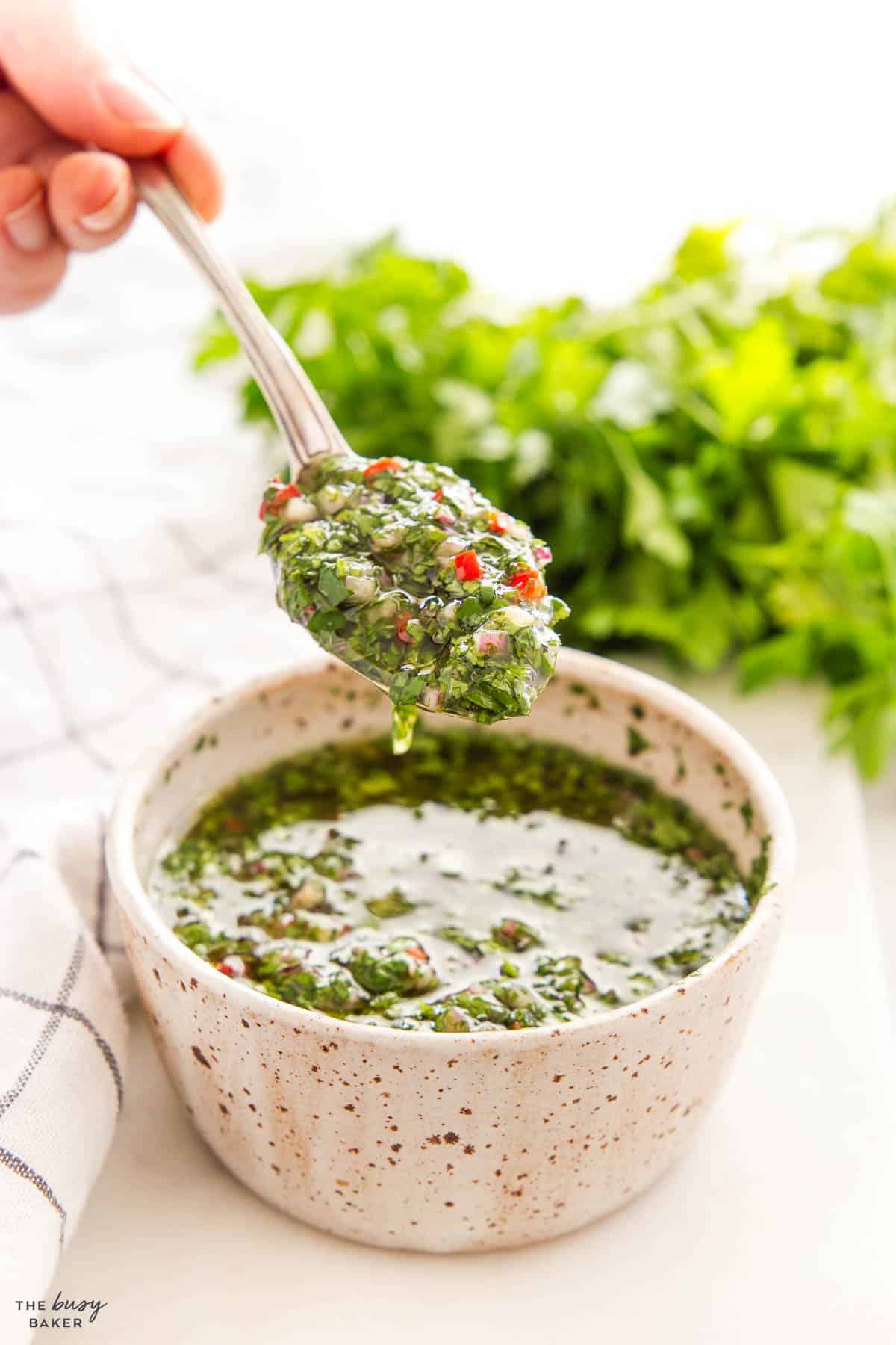 spoonful of chimichurri sauce