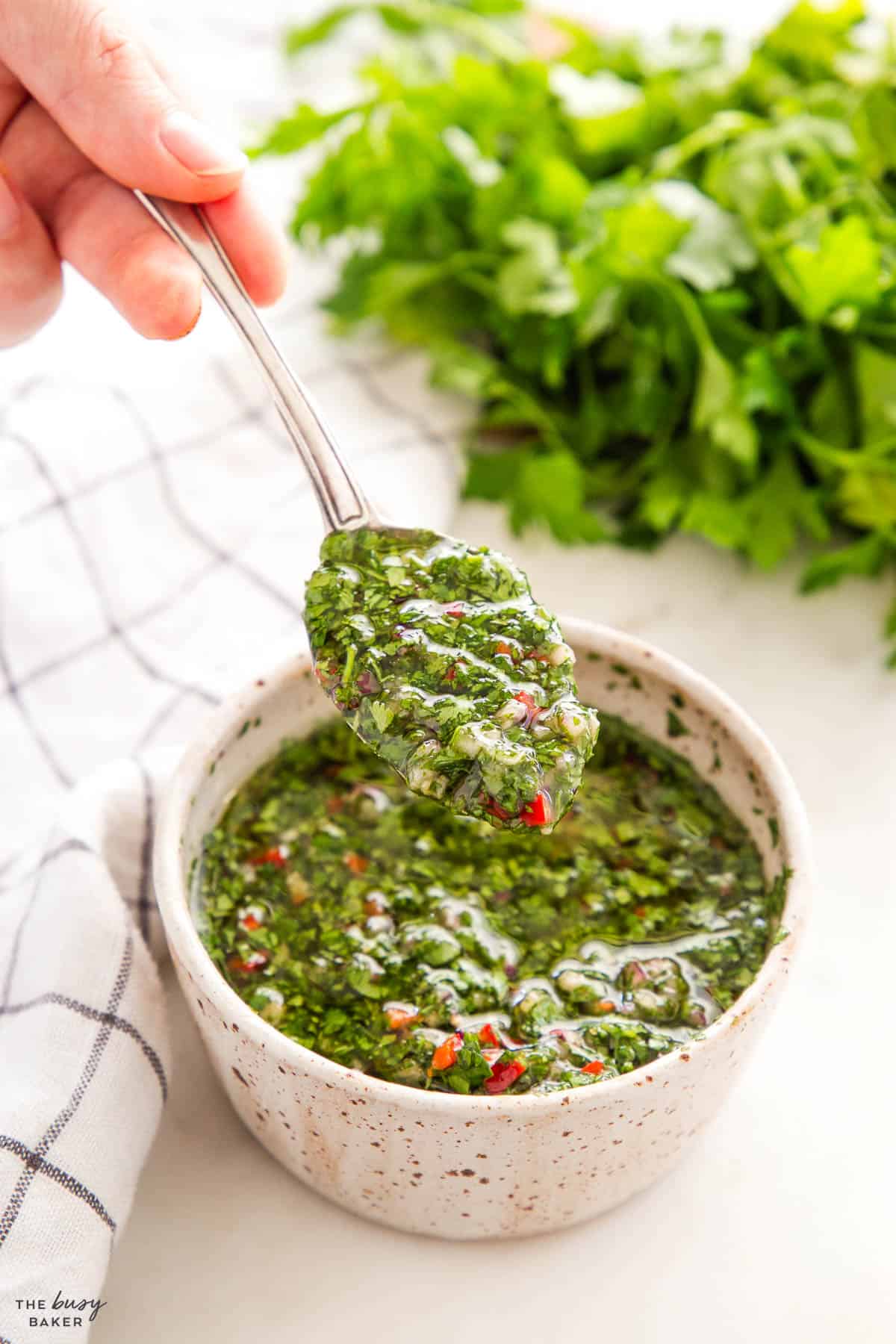 chimichurri sauce on a spoon