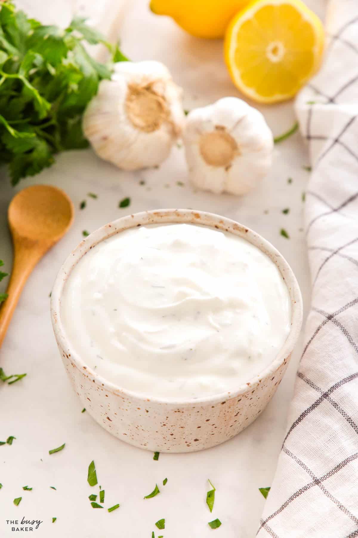 garlic sauce in a small bowl