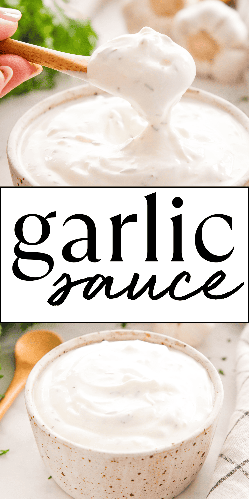 This Garlic Sauce recipe is the perfect homemade condiment! It's an ultra creamy garlic cream sauce that's packed with fresh garlic, and it's the perfect addition to grilled meats or veggies. Recipe from thebusybaker.ca! #garlicsauce #garliccreamsauce #creamygarlicsauce #garlicspread #condiment via @busybakerblog