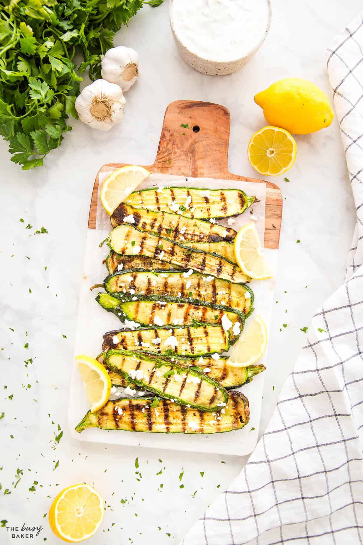 overhead image: veggies with grill marks and feta cheese