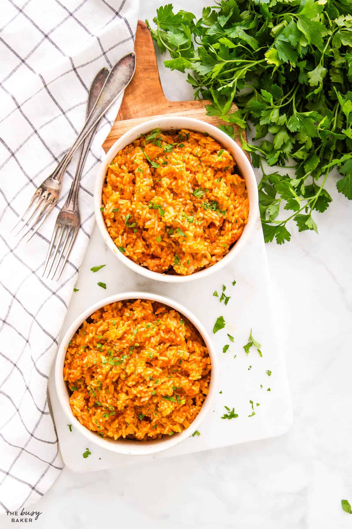 overhead image: Mexican rice in 2 bowls