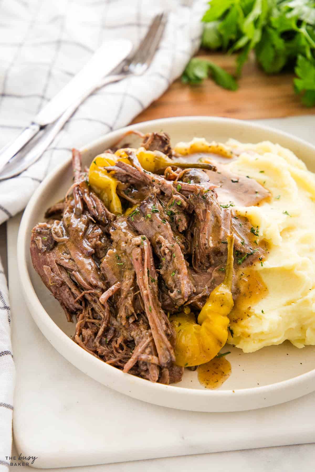 shredded beef pot roast with mashed potatoes