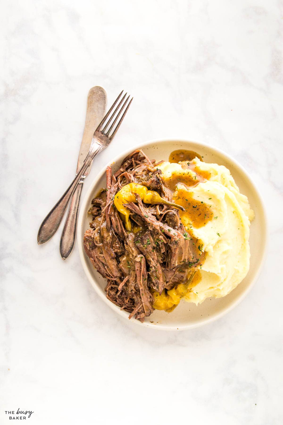Mississippi Pot Roast with mashed potatoes and gravy