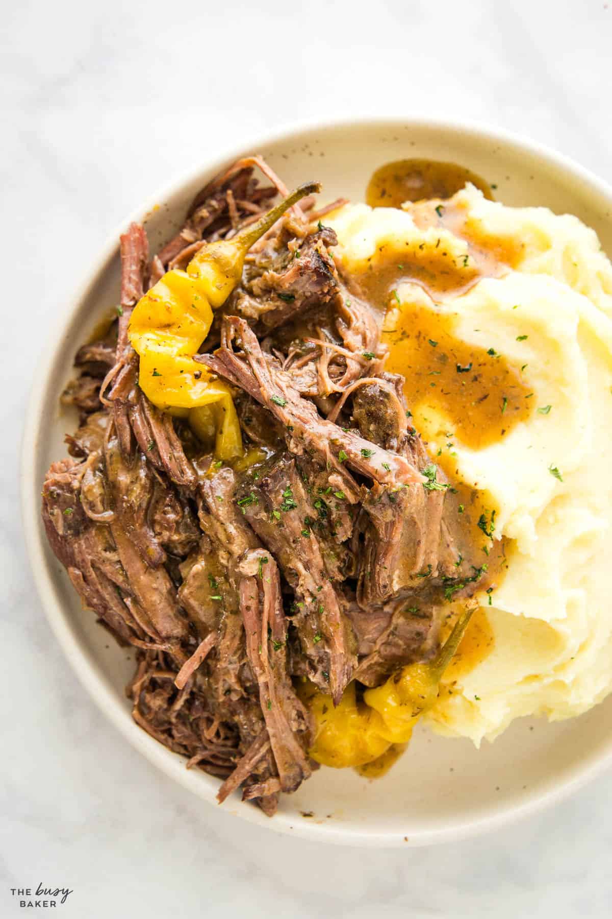 shredded beef, gravy and mashed potatoes