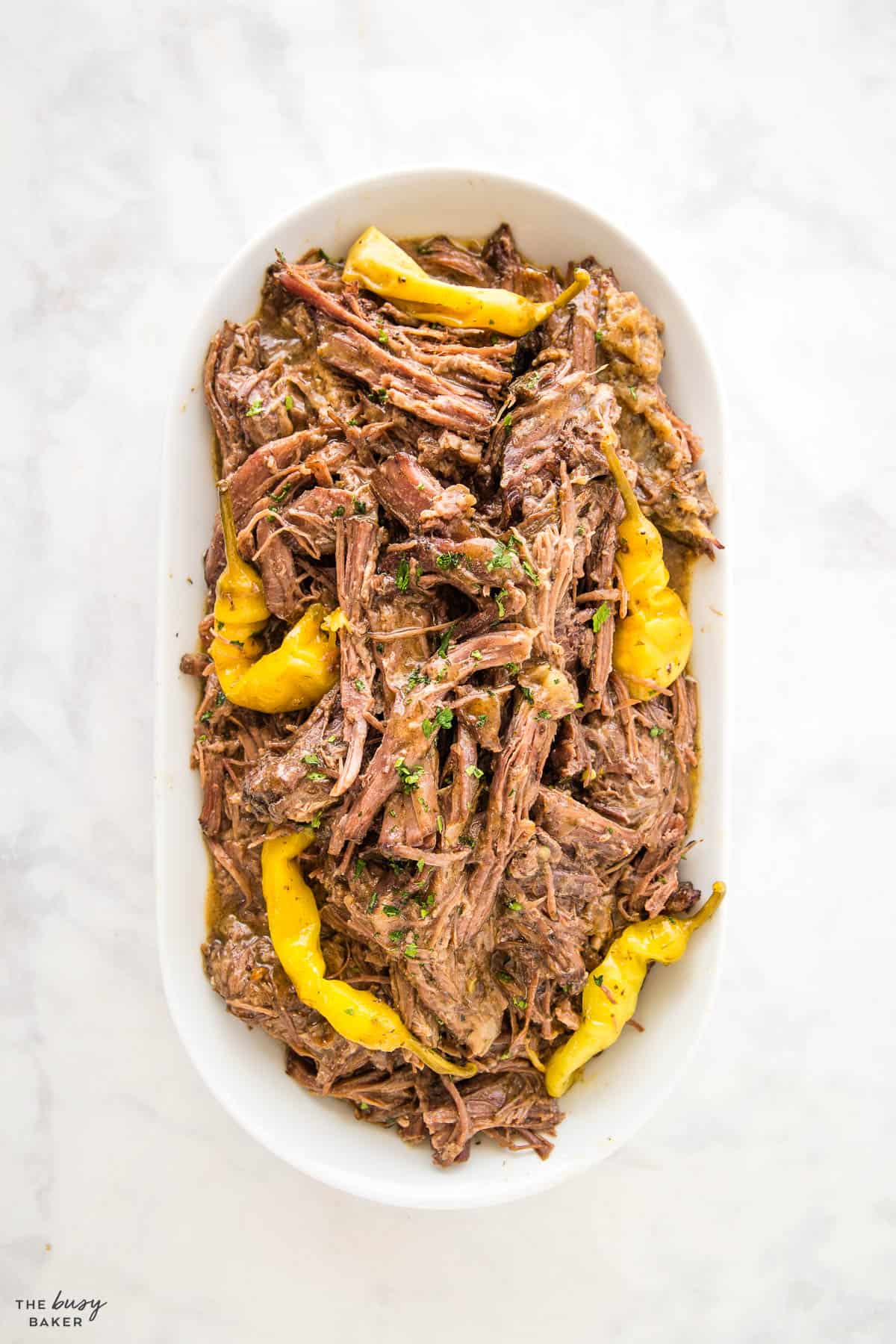 shredded Mississippi Pot Roast on a white platter