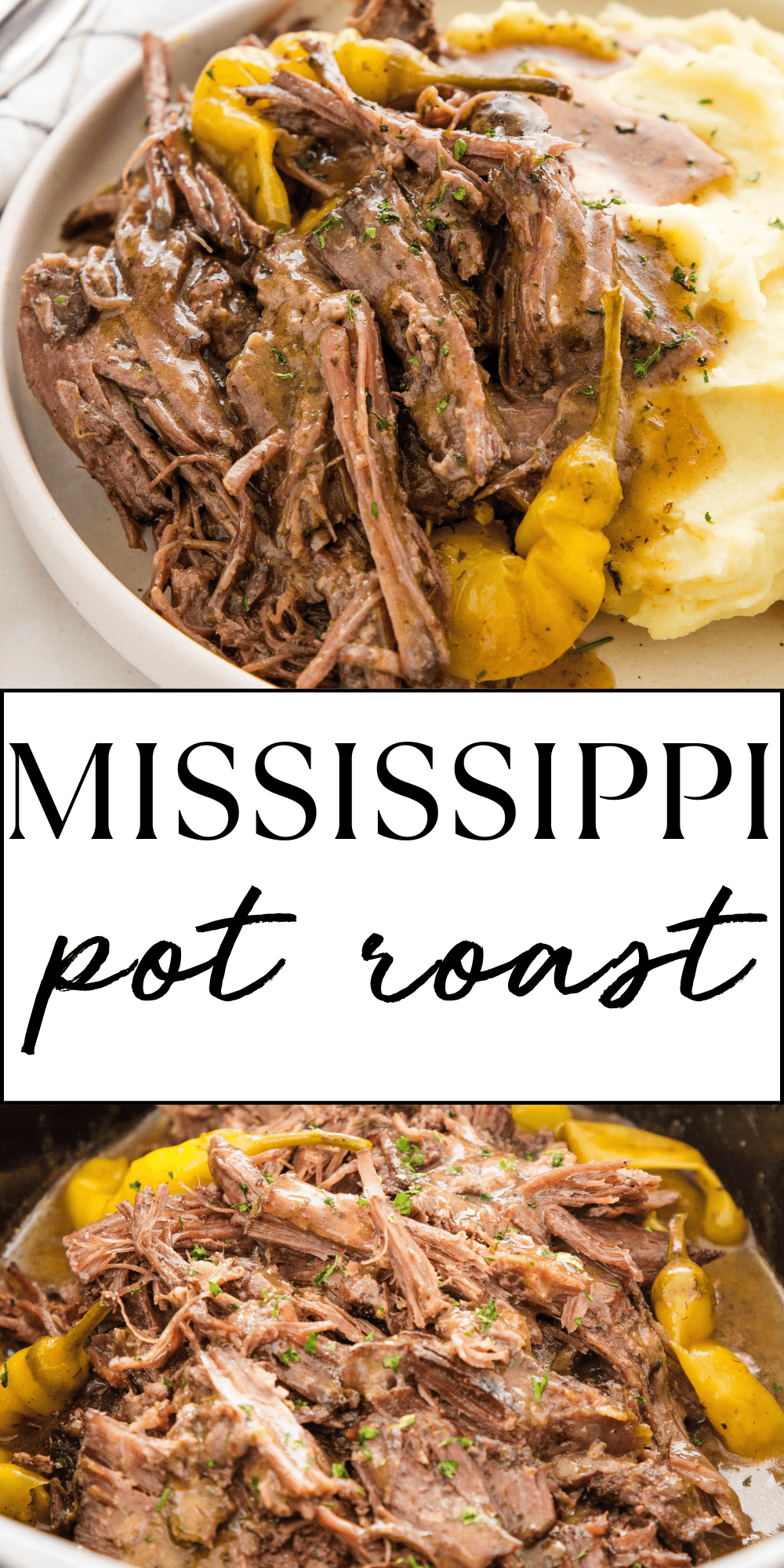 This Mississippi Pot Roast recipe is the BEST pot roast you'll ever try! It's so juicy and flavourful with a savoury gravy. It's easy to make from scratch with real ingredients - no preservatives, no gravy or seasoning packets, just tender, slow-cooked beef made in the crock pot, the Instant Pot or in the oven. Recipe from thebusybaker.ca! #potroast #mississippipotroast #mississippiroast #mississippipotroastrecipe #potroastrecipe #instantpotmississippipotroast #crockpotmississippipotroast via @busybakerblog