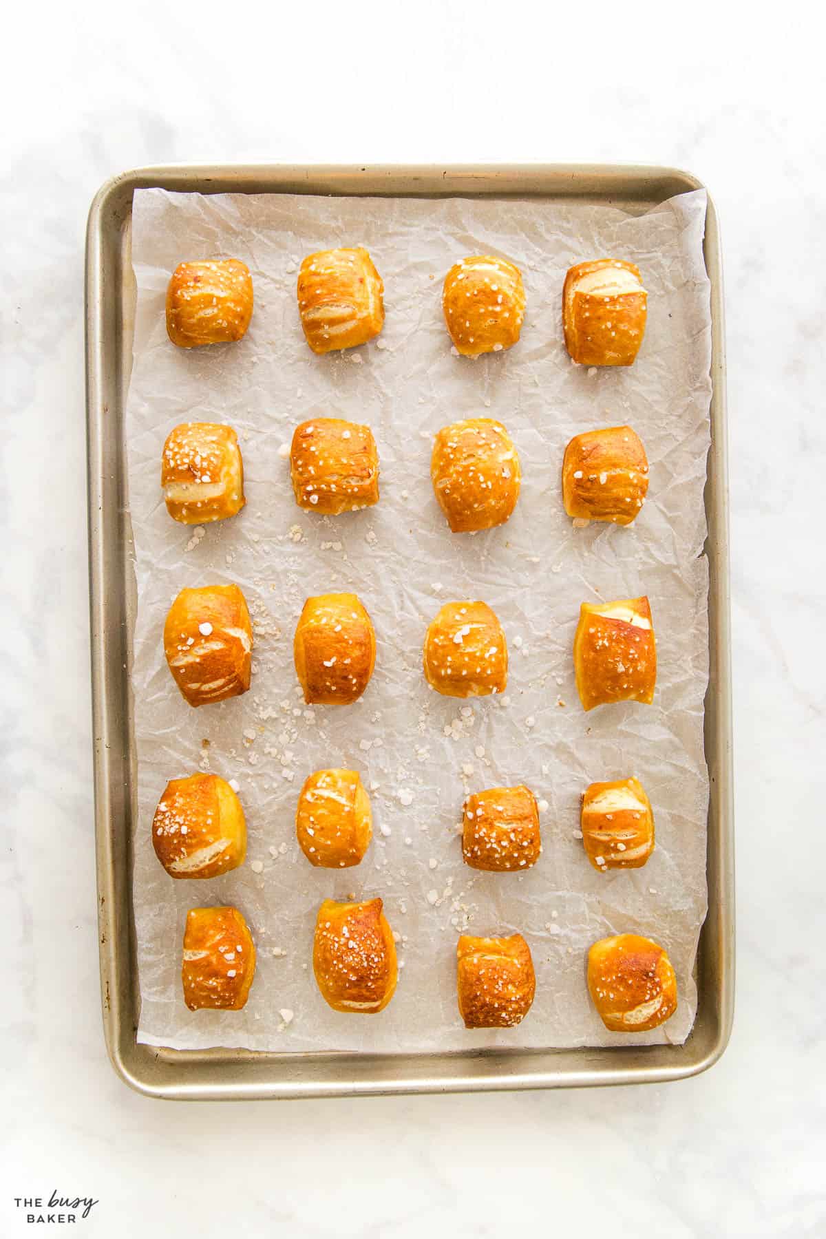 baking pan of homemade pretzel bites