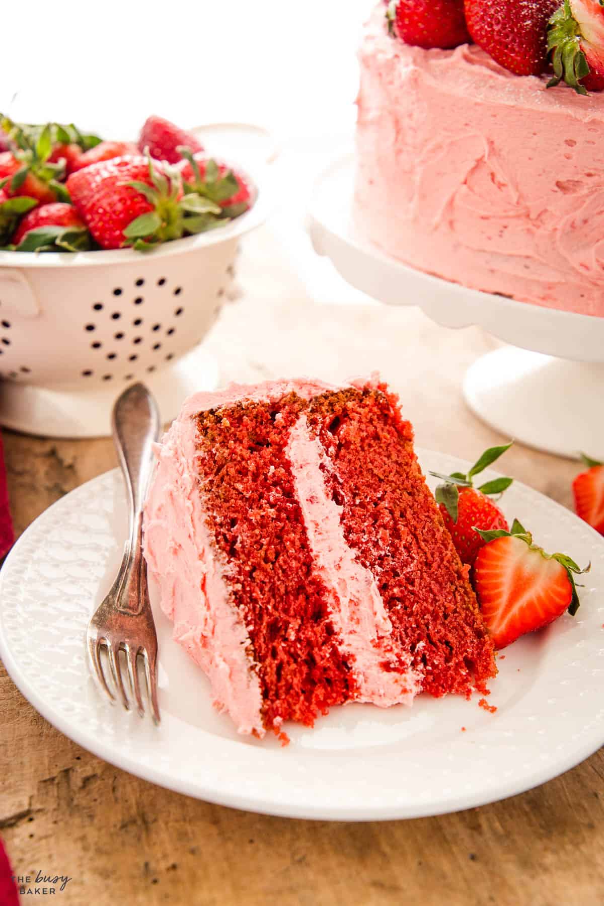 slice of strawberry cake on white plate