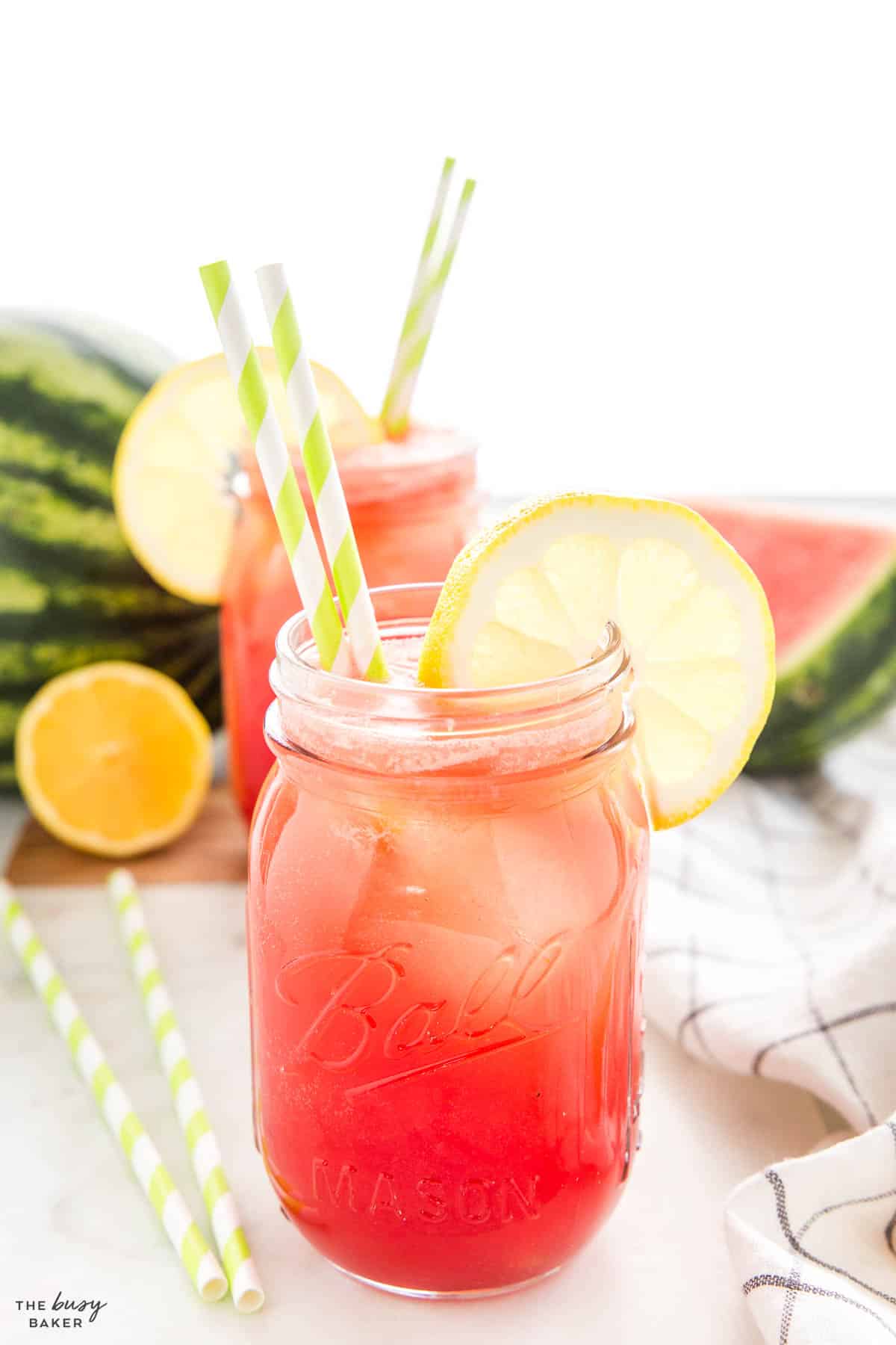 pink watermelon lemonade recipe in a Ball mason jar