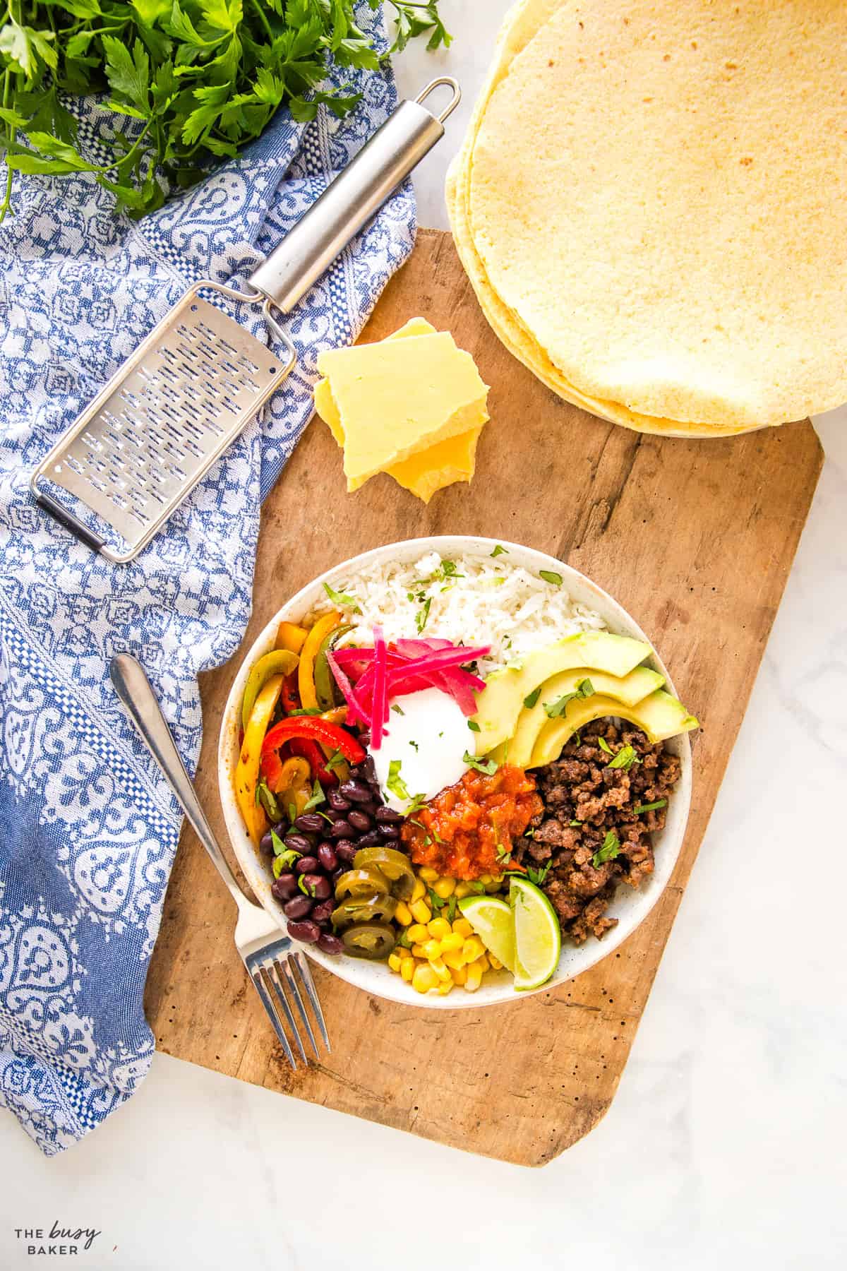 overhead image: burrito bowls