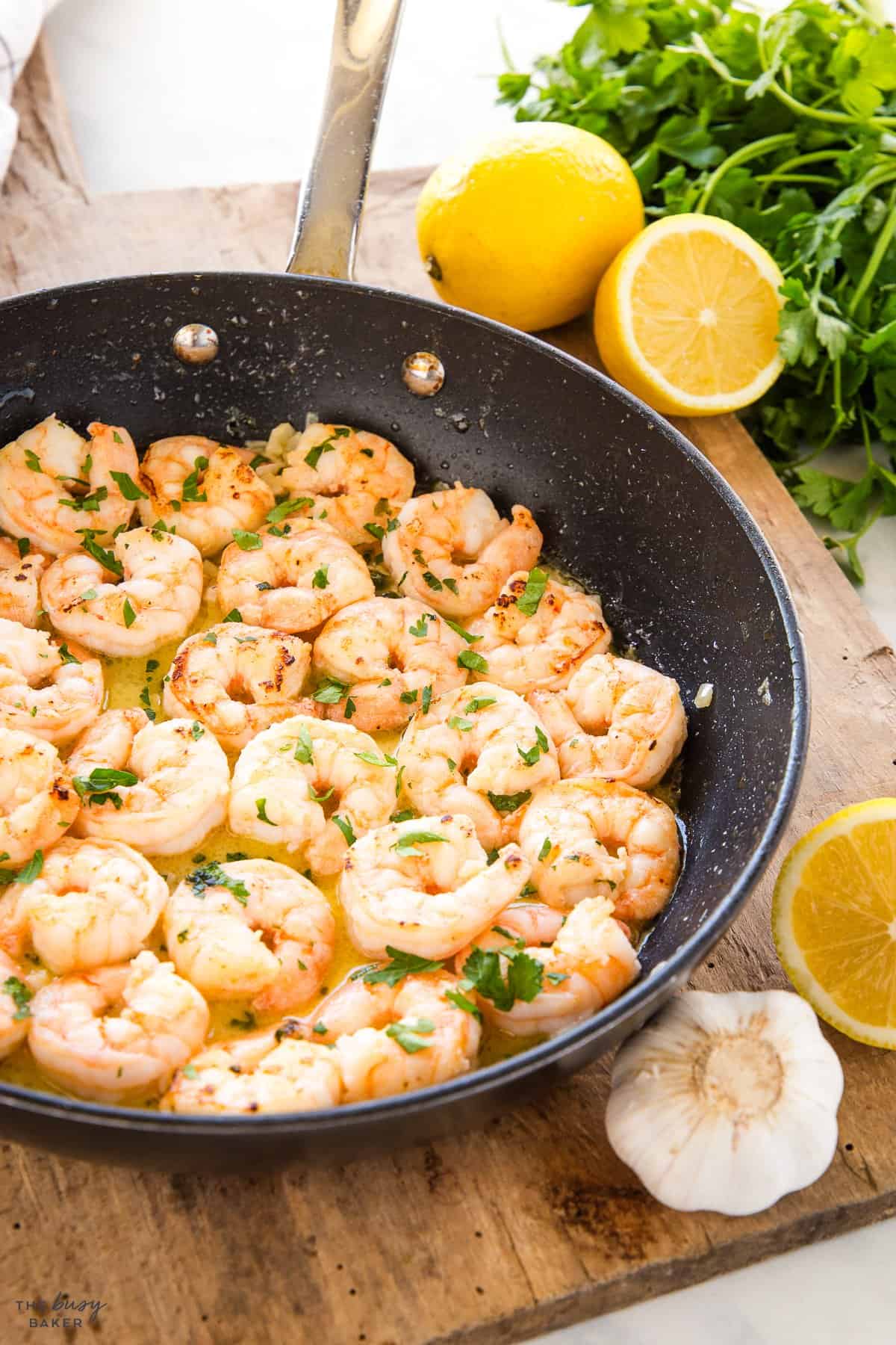 garlic butter shrimp in a pan