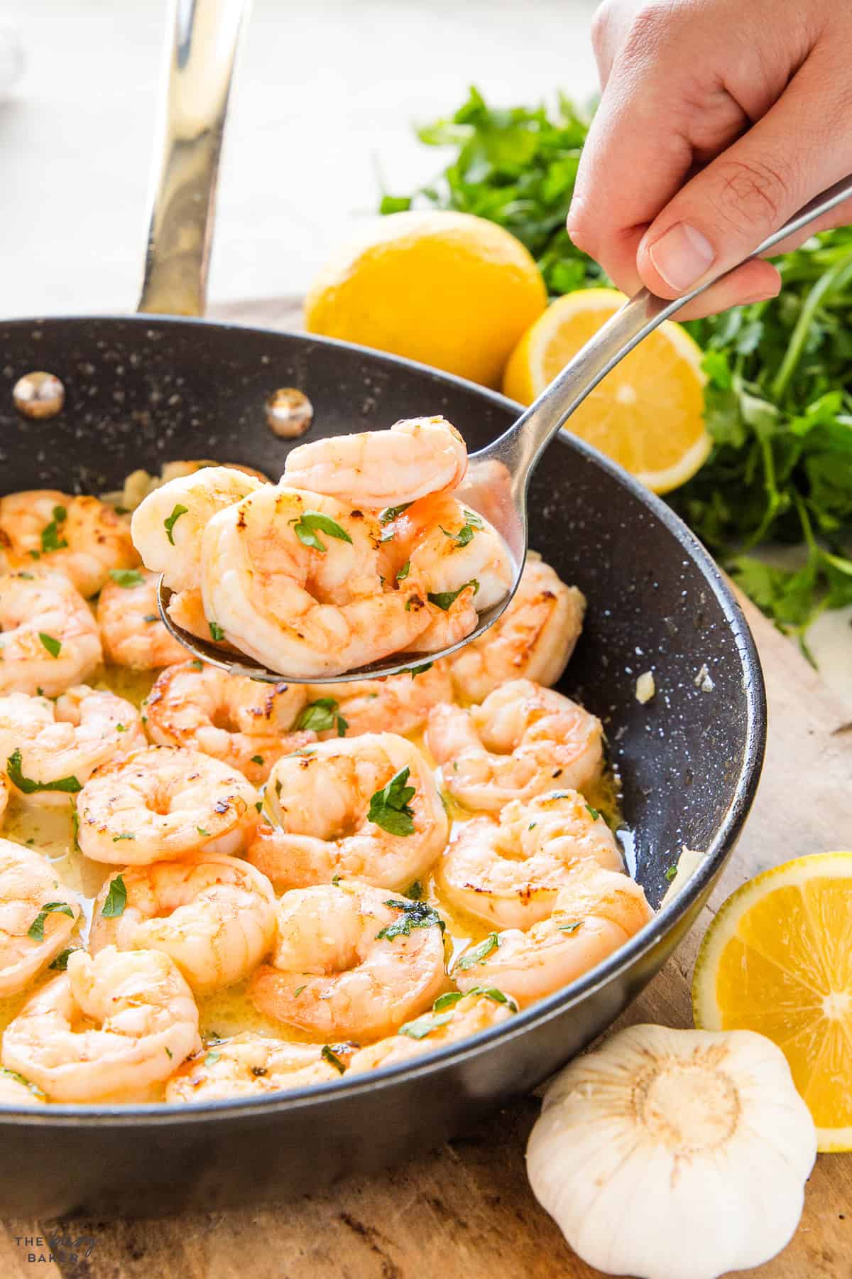 hand serving garlic shrimp with butter sauce