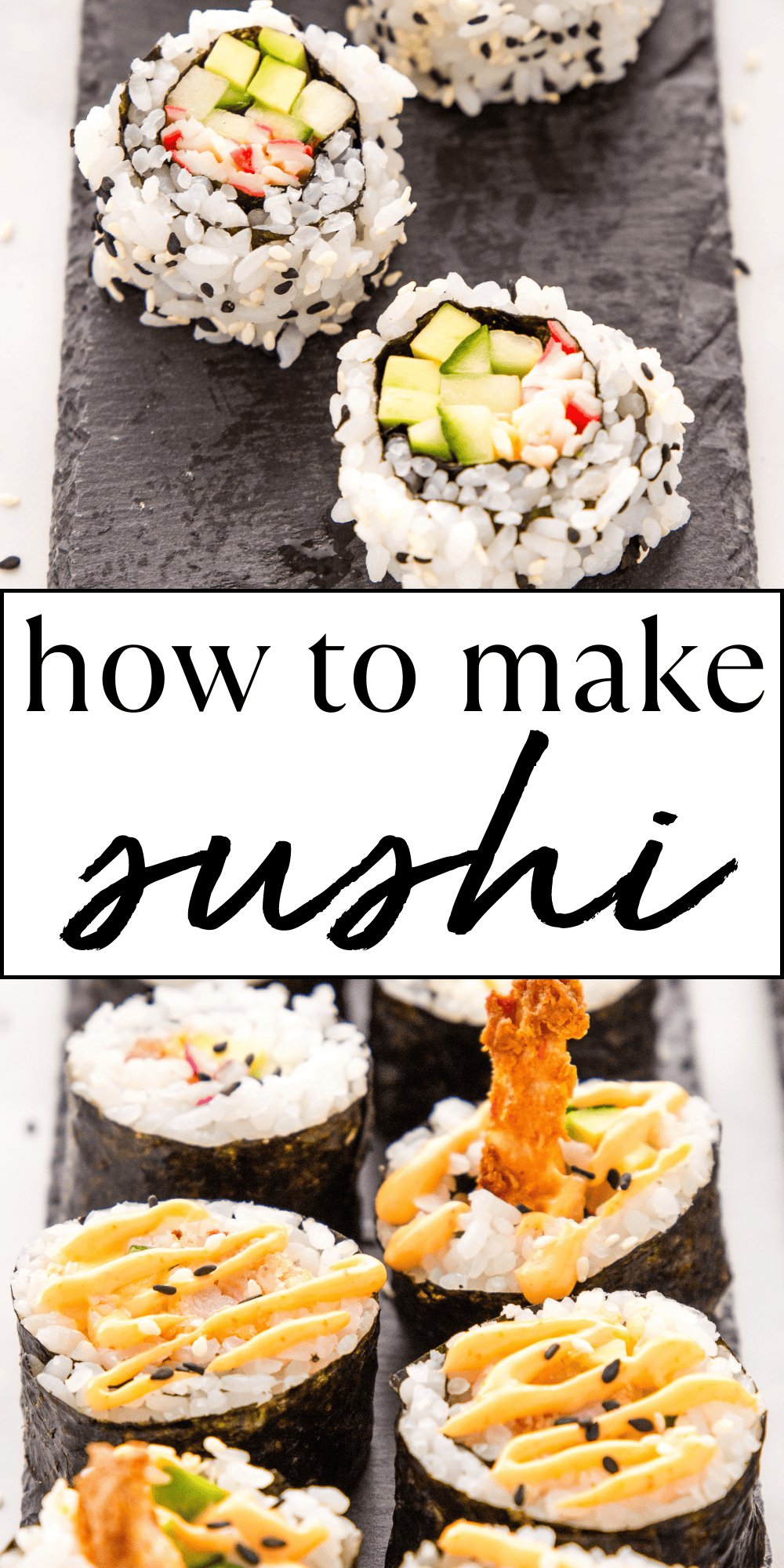 Learn How to Make Sushi with this simple sushi recipe. Follow our tutorial for making a homemade California Roll, Dynamite Roll, Philadelphia Roll or Rainbow Veggie Roll, and learn how to make Maki Sushi (Sushi Rolls), Uramaki (Inside-Out Rolls) and Teramaki (Sushi Cone Rolls). Recipe from thebusybaker.ca! #homemadesushi #sushirecipe #savemoney #easysushi #californiaroll #dynamiteroll #homemade #sushiroll #sushirolls #makisushi via @busybakerblog