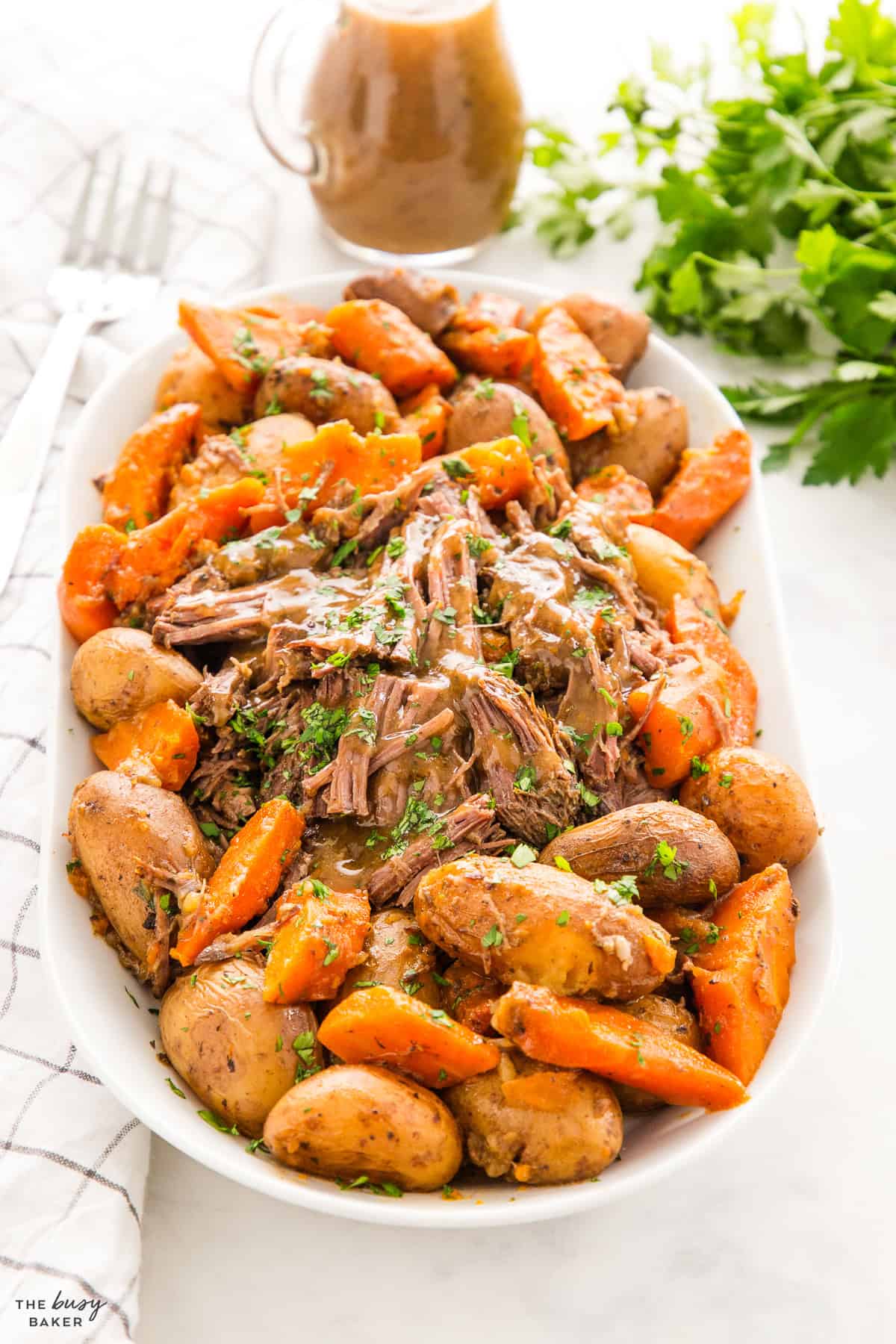 pot roast from the slow cooker on a platter