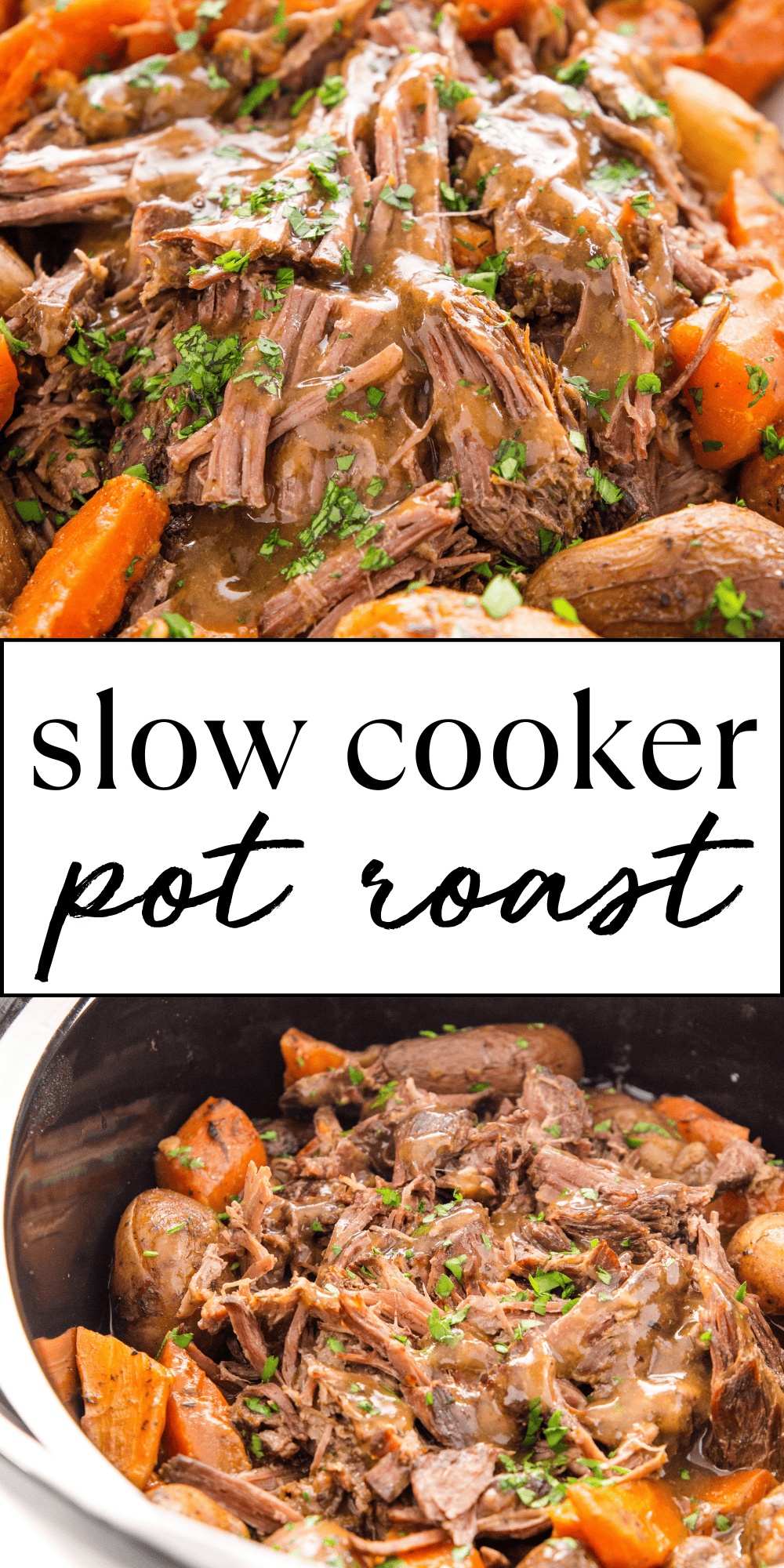 This Slow Cooker Pot Roast recipe is the easiest way to make everybody's favourite comfort food! With tender fall-apart beef, slow roasted potatoes and vegetables, all in a savoury beef gravy, this Crock Pot Pot Roast is the perfect set-it-and-forget-it family meal that's perfect for a busy weeknight! Recipe from thebusybaker.ca! #slowcookerpotroast #comfortfood #potroast #crockpotpotroast #crockpotdinner #slowcookermeal #easymeal #familymeal #slowcooker #dinner #whatsfordinner via @busybakerblog