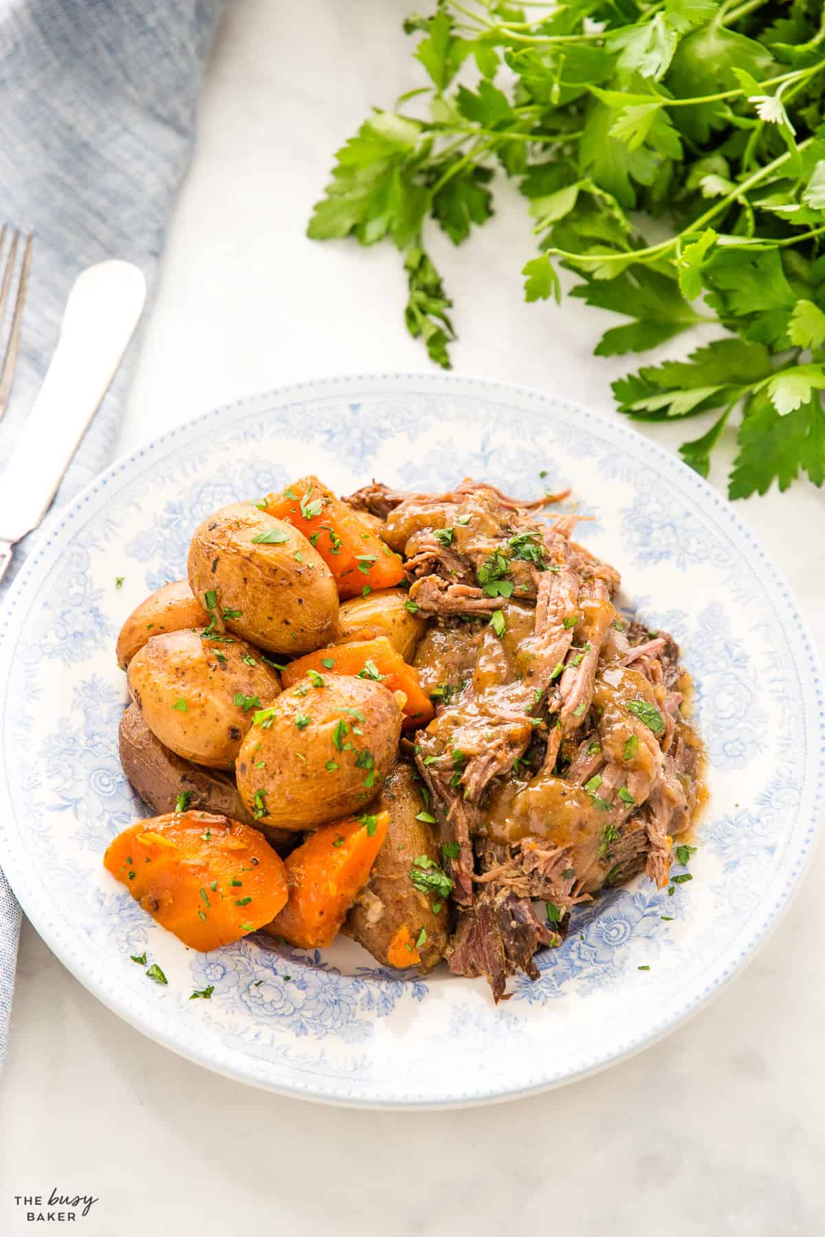 shedded beef with potatoes, carrots and gravy