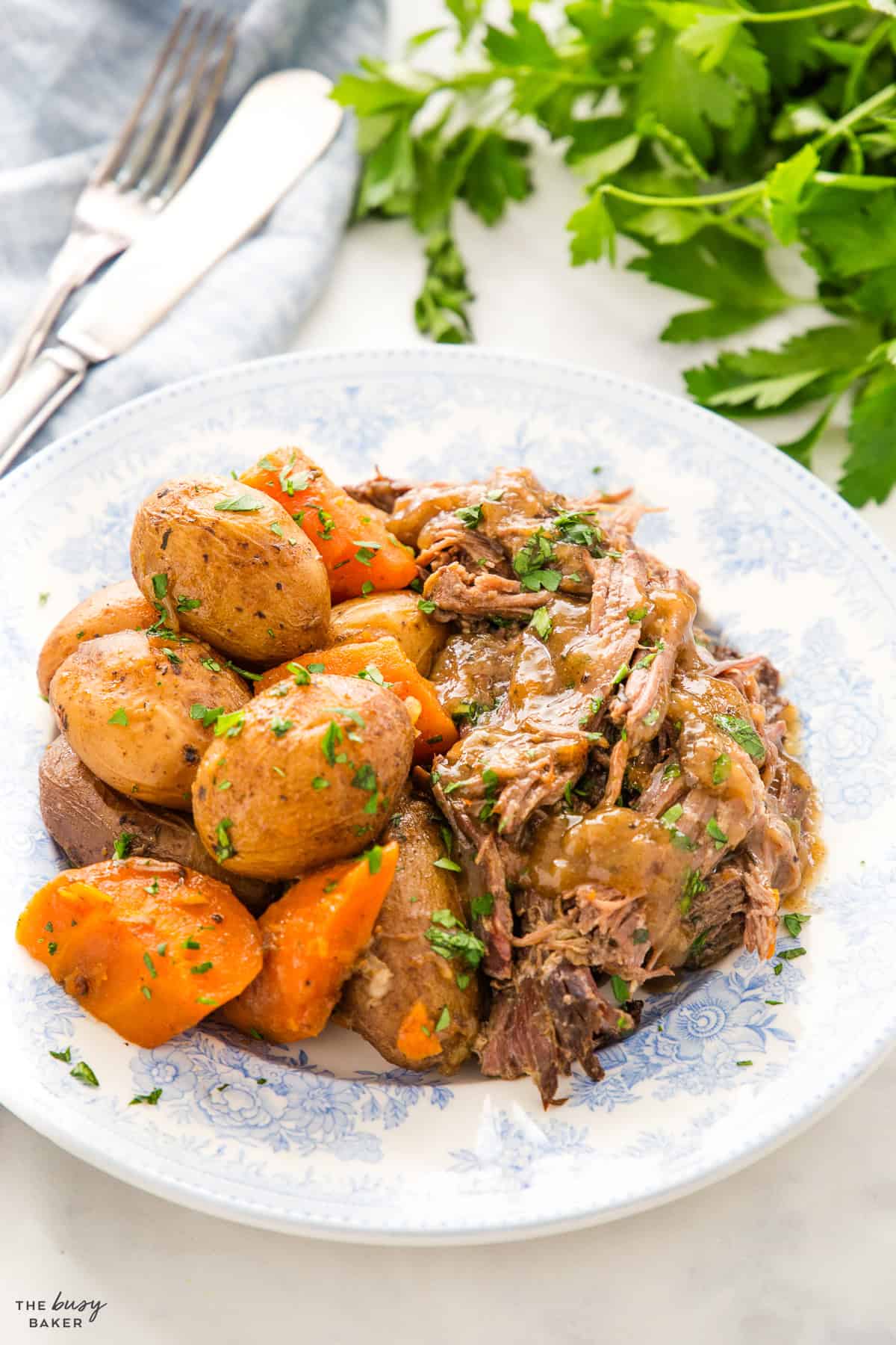 pot roast on a plate with potatoes and carrots