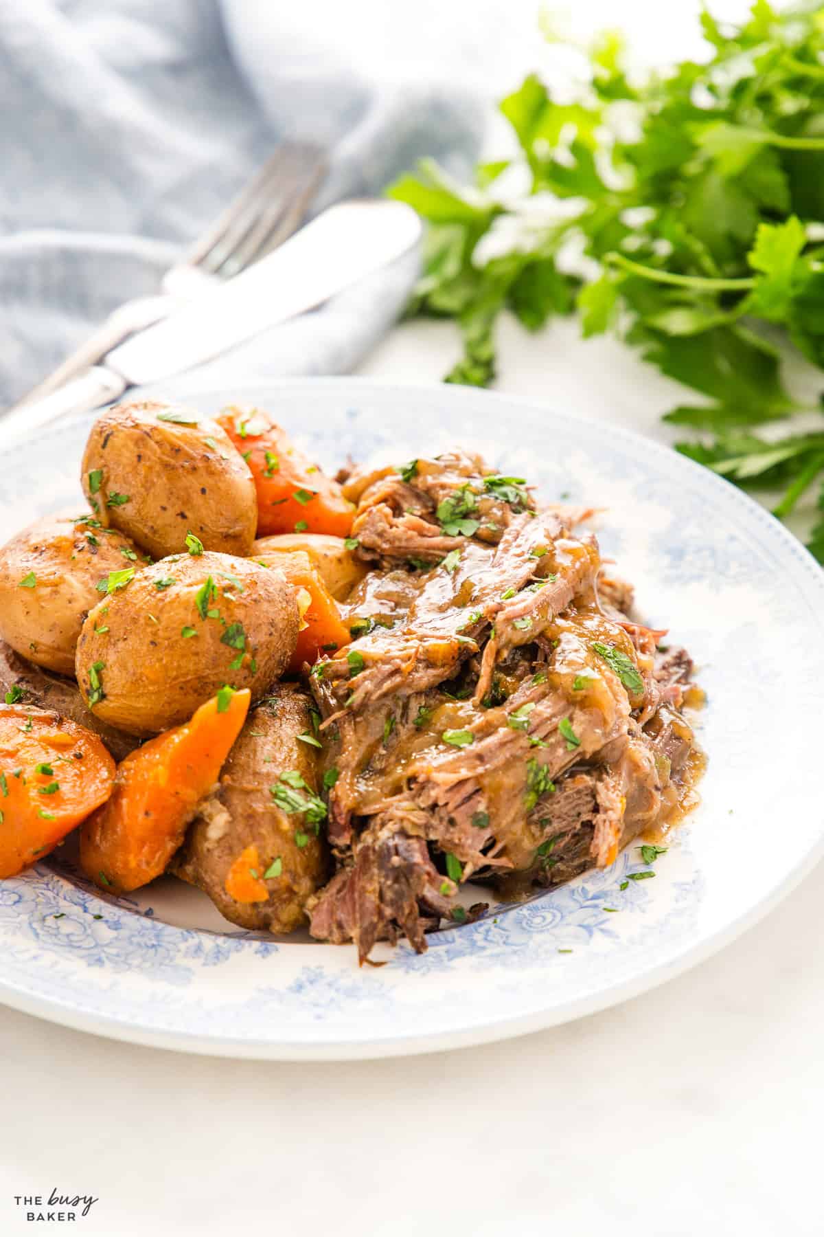 shredded beef, potatoes, carrots and gravy