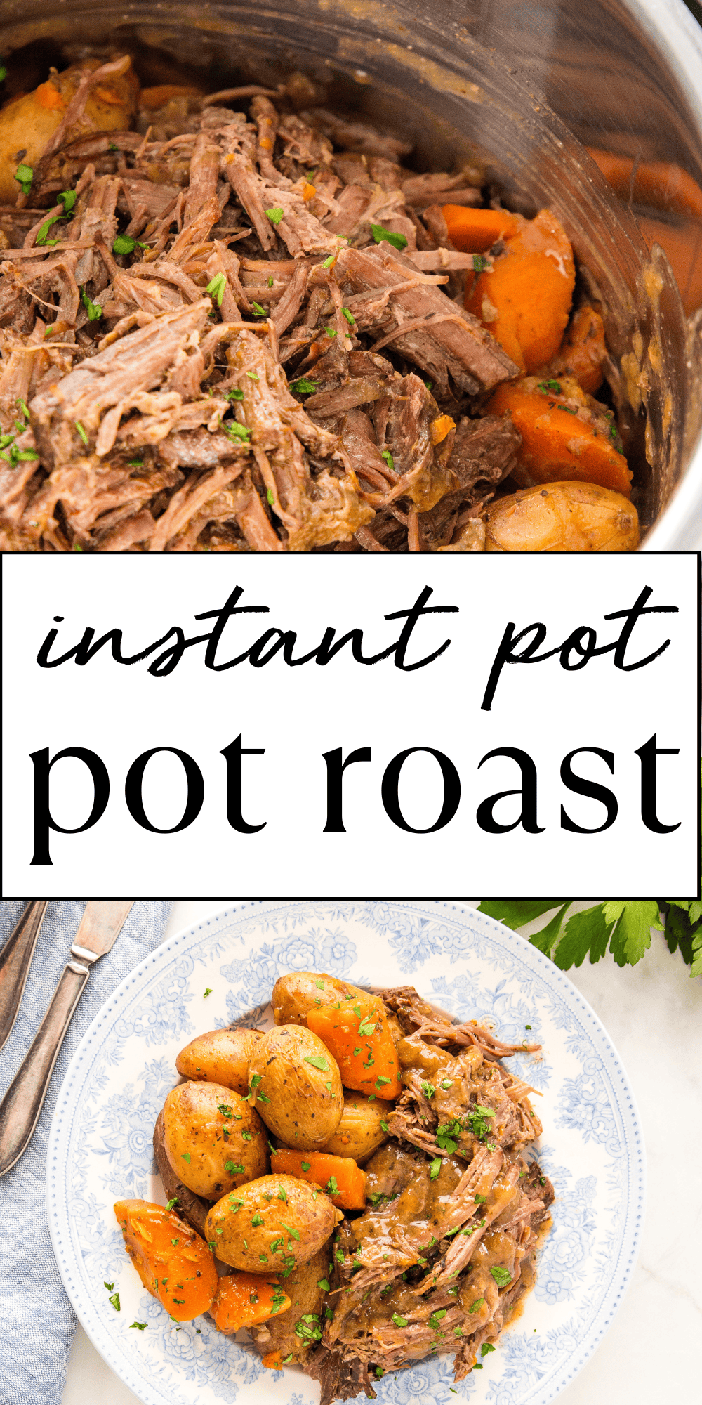 This Instant Pot Pot Roast is a fast and easy Pot Roast dinner, ready in only one hour! Tender beef, potatoes & vegetables, and a savoury beef gravy - a comfort food meal that's perfect for a busy weeknight dinner! Recipe from thebusybaker.ca! #instantpotpotroast #potroast #instantpotrecipe #potroastrecipe #instantpotdinner #instantpotpotroastrecipe via @busybakerblog