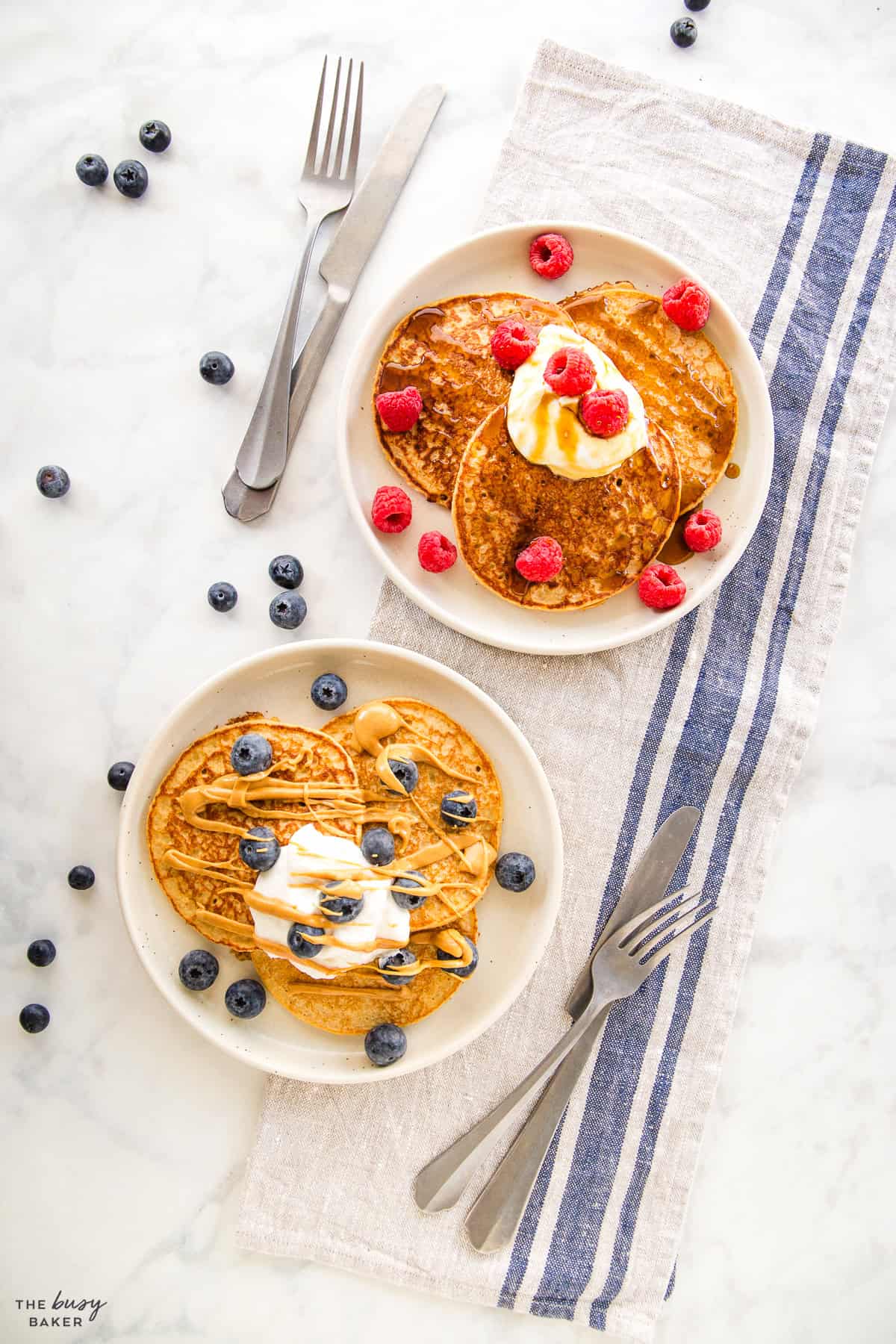 overhead image: healthy banana protein pancakes