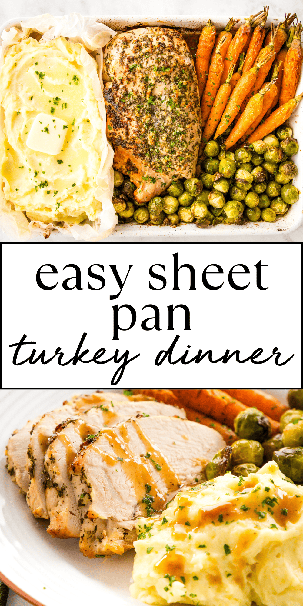 This Easy Turkey Dinner is a one pan Thanksgiving Dinner or Christmas Dinner that's made with roast turkey, mashed potatoes, and vegetable side dishes - all on one pan and in under an hour! The easiest holiday dinner you'll ever make! Recipe from thebusybaker.ca! #thanksgivingdinner #christmasdinner #turkeydinner #holidaymeal #holidaydinner #roastturkey #turkey #christmas #thanksgiving #onepan via @busybakerblog