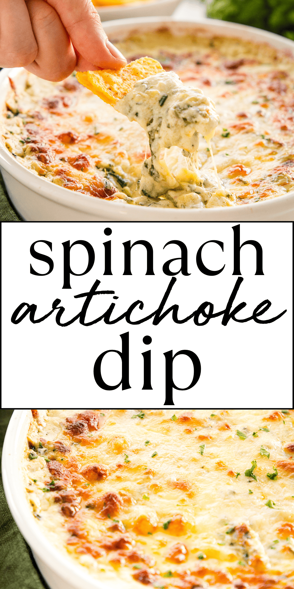 This easy Spinach Artichoke Dip recipe is a simple baked appetizer that's delicious served with chips, crackers or cut veggies. It's perfect for game day or holiday gatherings, and it's easy to make ahead! Recipe from thebusybaker.ca! #spinachartichokedip #spinachdip #appetizer #gamedayappetizer #gameday #snack #partyfood #spinachartichokediprecipe #diprecipe #appetizerrecipe via @busybakerblog