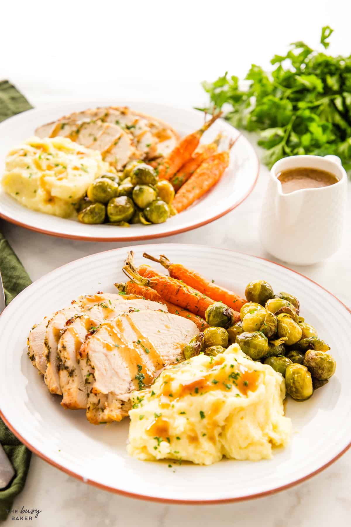 turkey, mashed potatoes, veggies and gravy