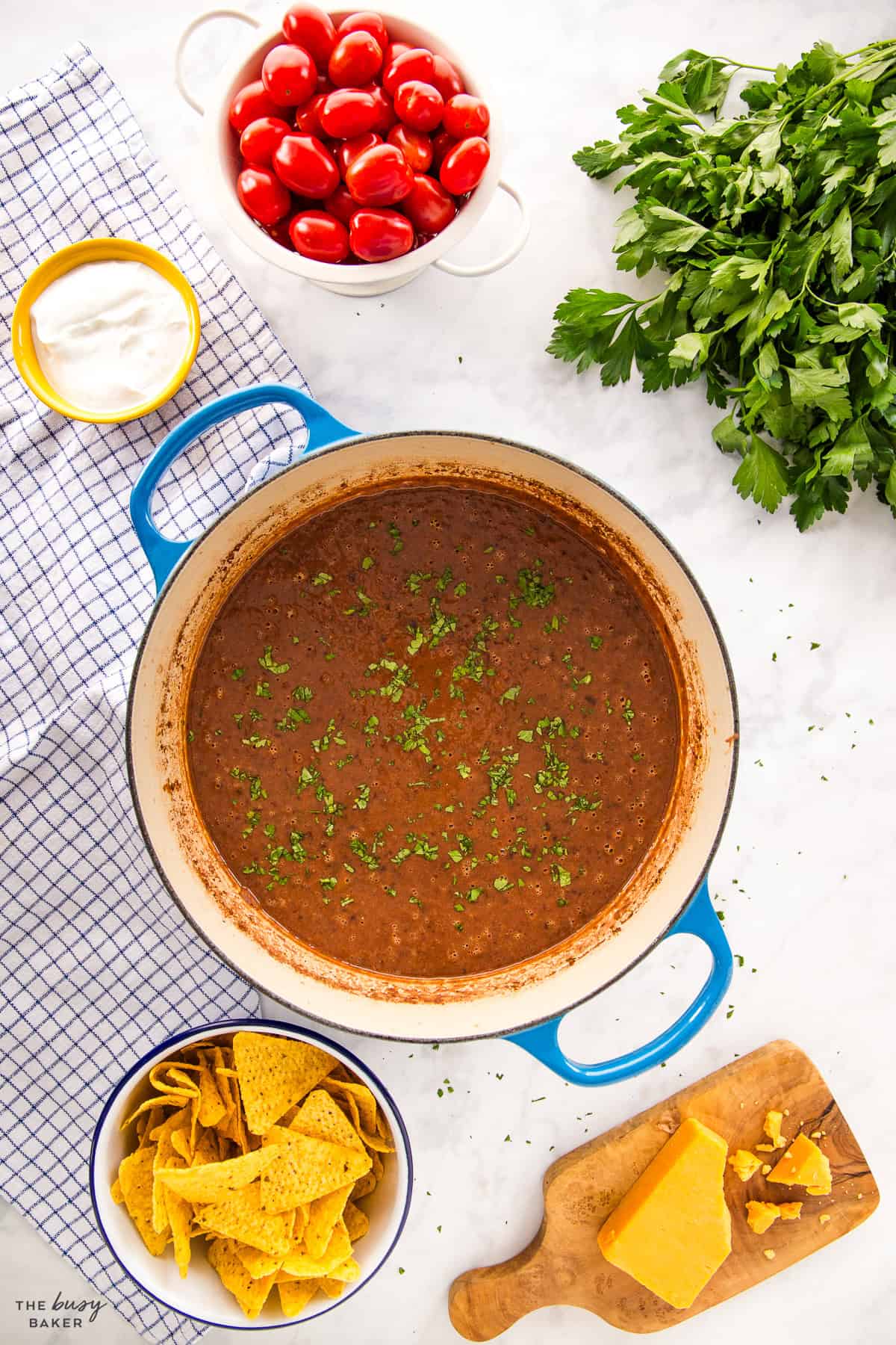 overhead image: blue cast iron pot of stew