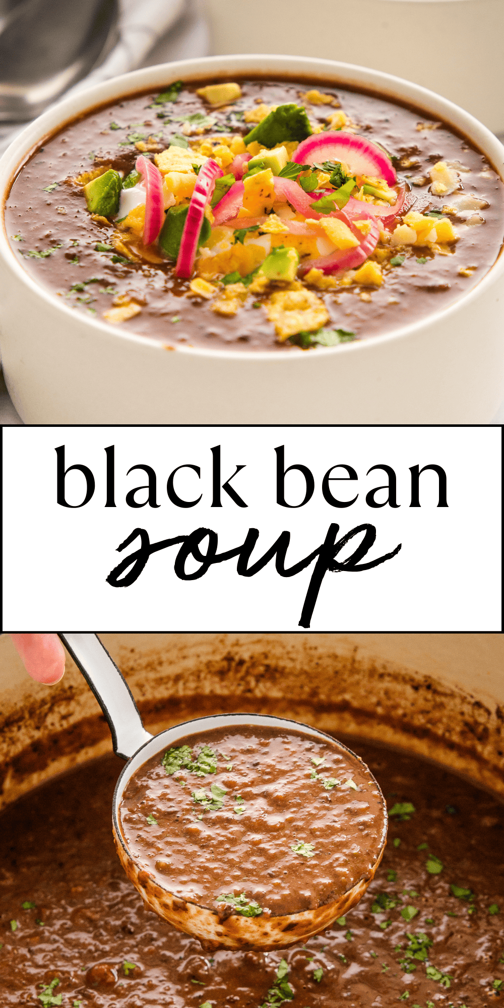 This Black Bean Soup recipe is creamy and comforting, made with veggies and black beans. It makes the best mild or spicy black bean soup, and it can be made vegan or vegetarian. Recipe from thebusybaker.ca! #blackbeansoup #souprecipe #blackbeans #vegetarian #vegan #mexican #texmex #dinner #easymeal via @busybakerblog