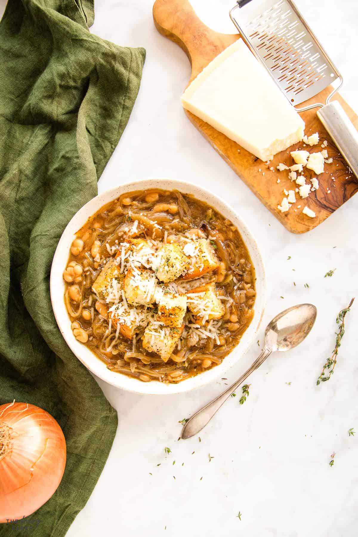 overhead image: bowl of comfort food with croutons