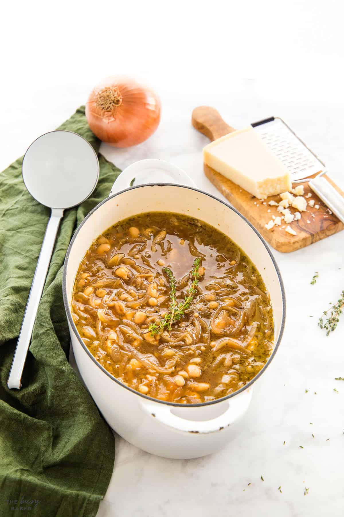 pot of french onion soup with white beans