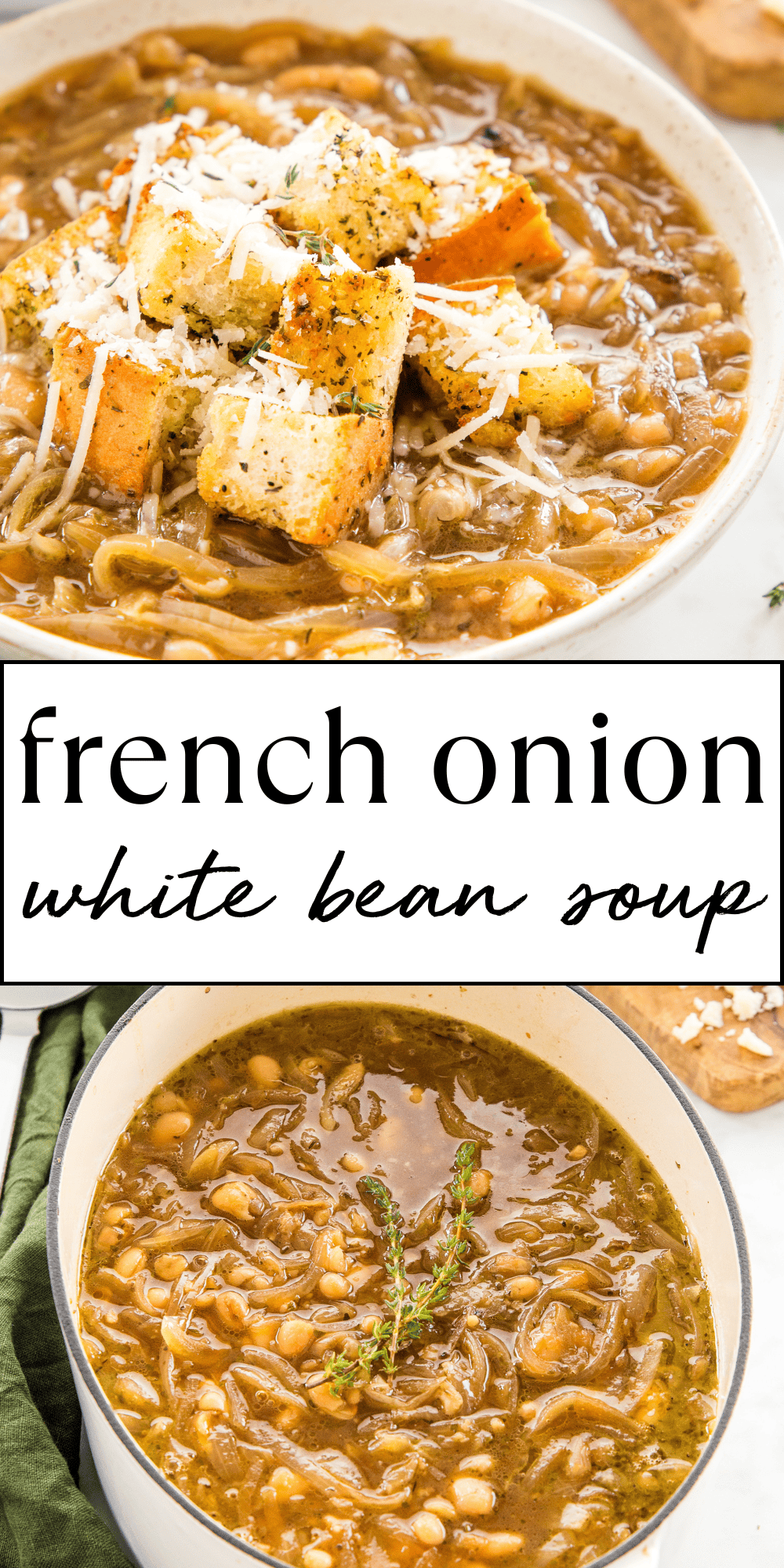 This French Onion Bean Soup is everything you love about French Onion Soup! A easy white bean French Onion Soup recipe with added protein, that's easy to make on the stovetop or in the slow cooker. Serve it with fresh bread or croutons and shredded Parmesan cheese. Recipe from thebusybaker.ca! #frenchonionsoup #frenchonionwhitebeansoup #whitebeansoup #easysoup #souprecipe #easysouprecipe #frenchonionsouprecipe via @busybakerblog