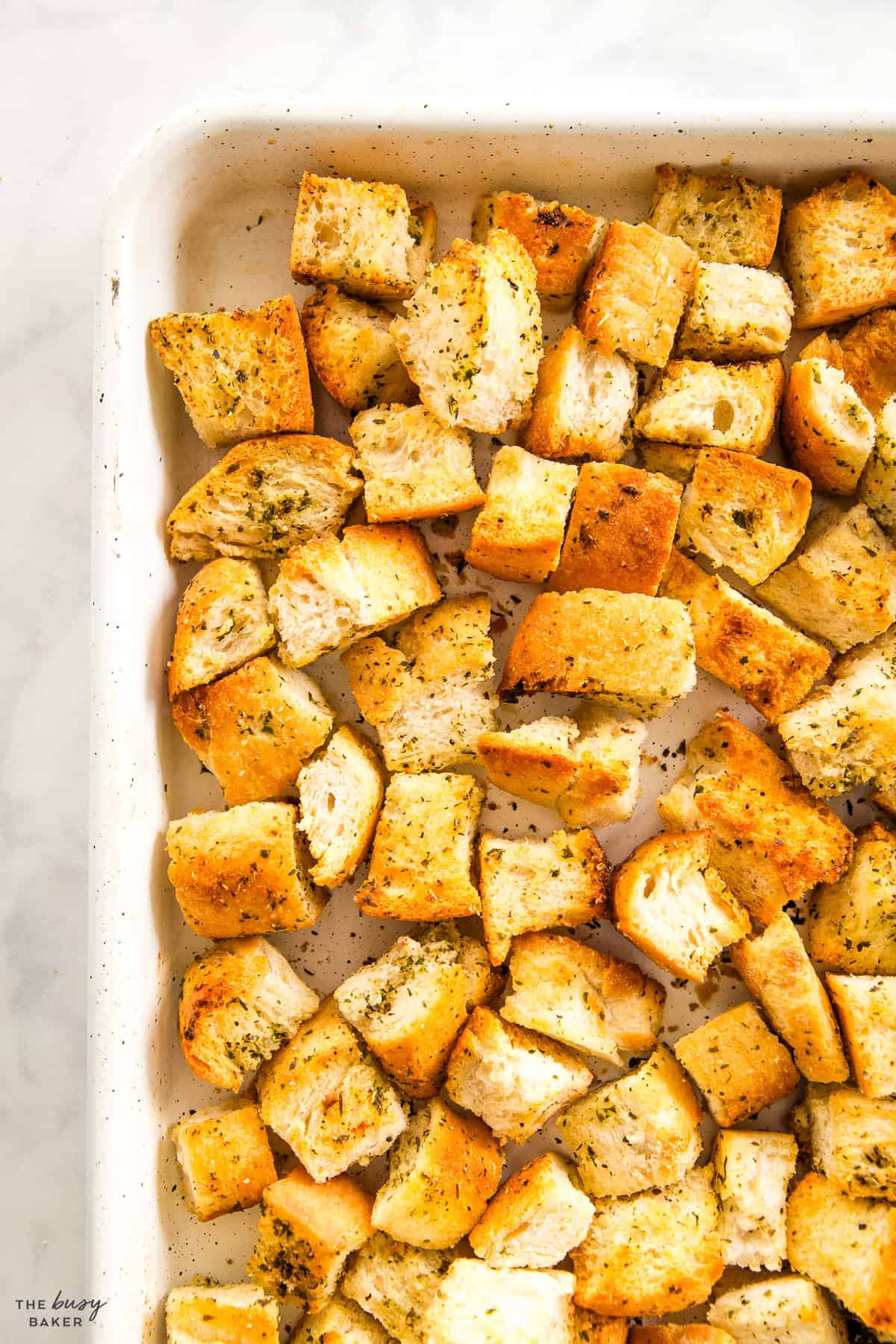 homemade croutons recipe on a sheet pan