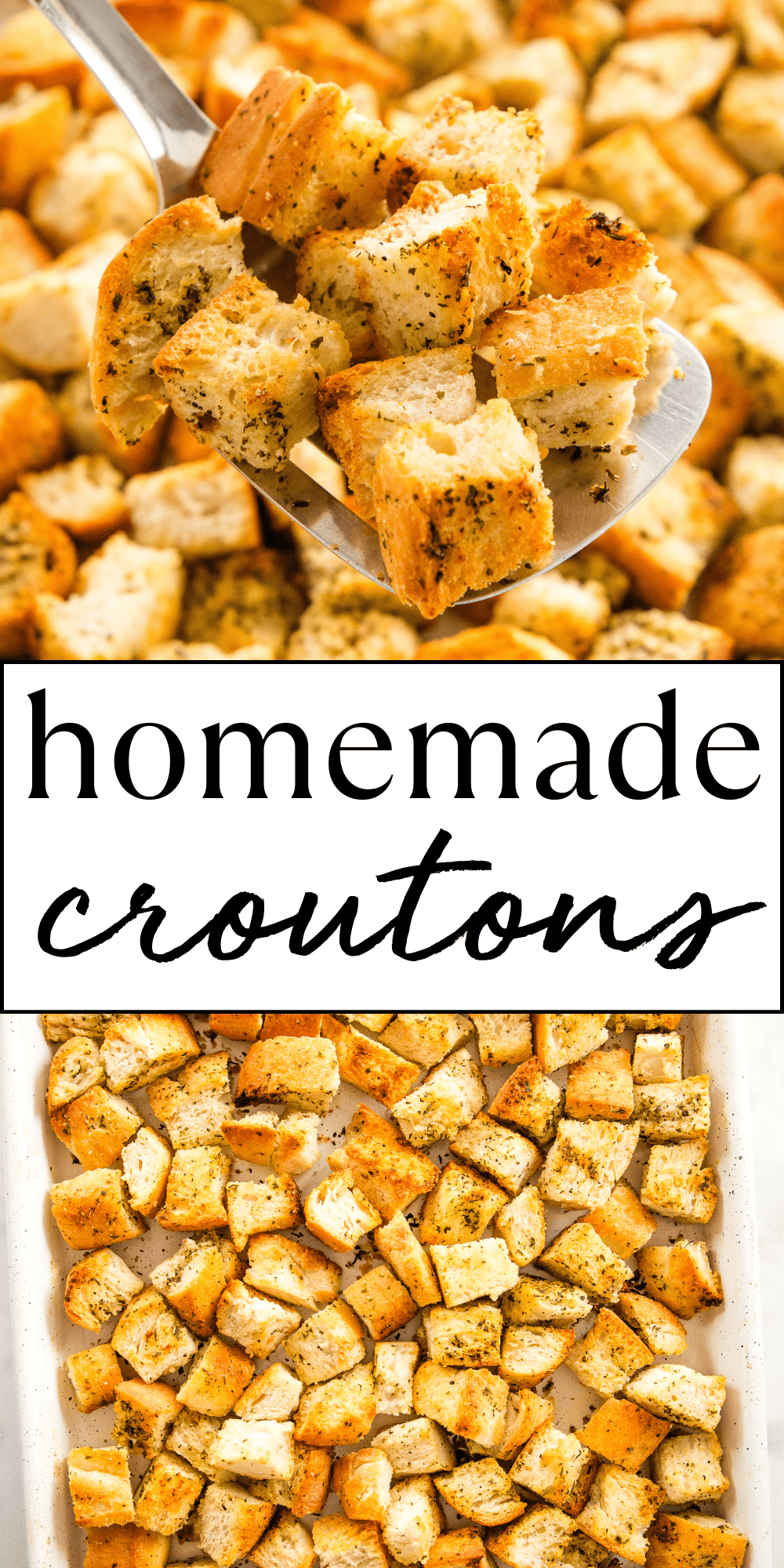 Learn how to make crispy, golden brown Homemade Croutons that are perfect for all your favourite salads and soups! This crouton recipe is made with bread, butter or olive oil, dried herbs and salt, and baked to perfection in 15 minutes. Recipe from thebusybaker.ca! #croutons #howtomakecroutons #croutonsrecipe #croutonrecipe #homemadecroutons via @busybakerblog