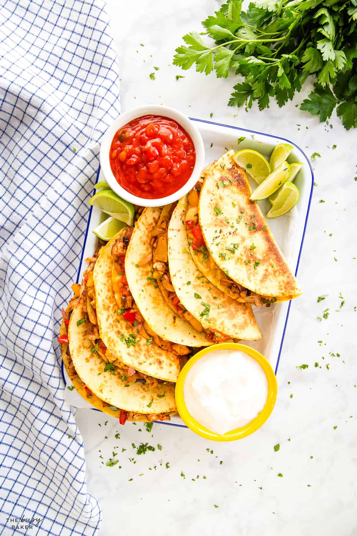 overhead image: quesadillas on a platter