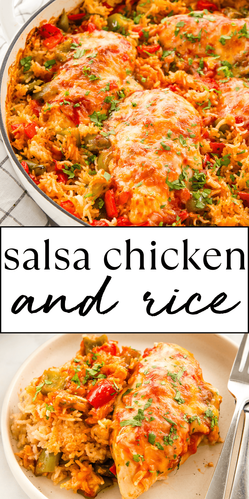 This easy Baked Salsa Chicken and Rice recipe is a super easy Mexican-inspired weeknight meal made in only one pan! Make it with basic pantry and freezer ingredients you probably already have in your kitchen! Recipe from thebusybaker.ca! #salsa #chicken #rice #onepan #onepot #meal #mealprep #mealplanning #weeknightmeal #familymeal #family #glutenfree via @busybakerblog