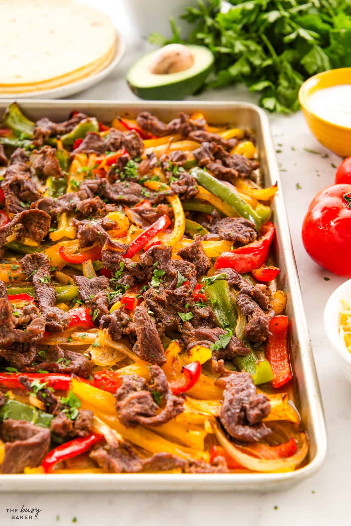 steak and veggies on a sheet pan