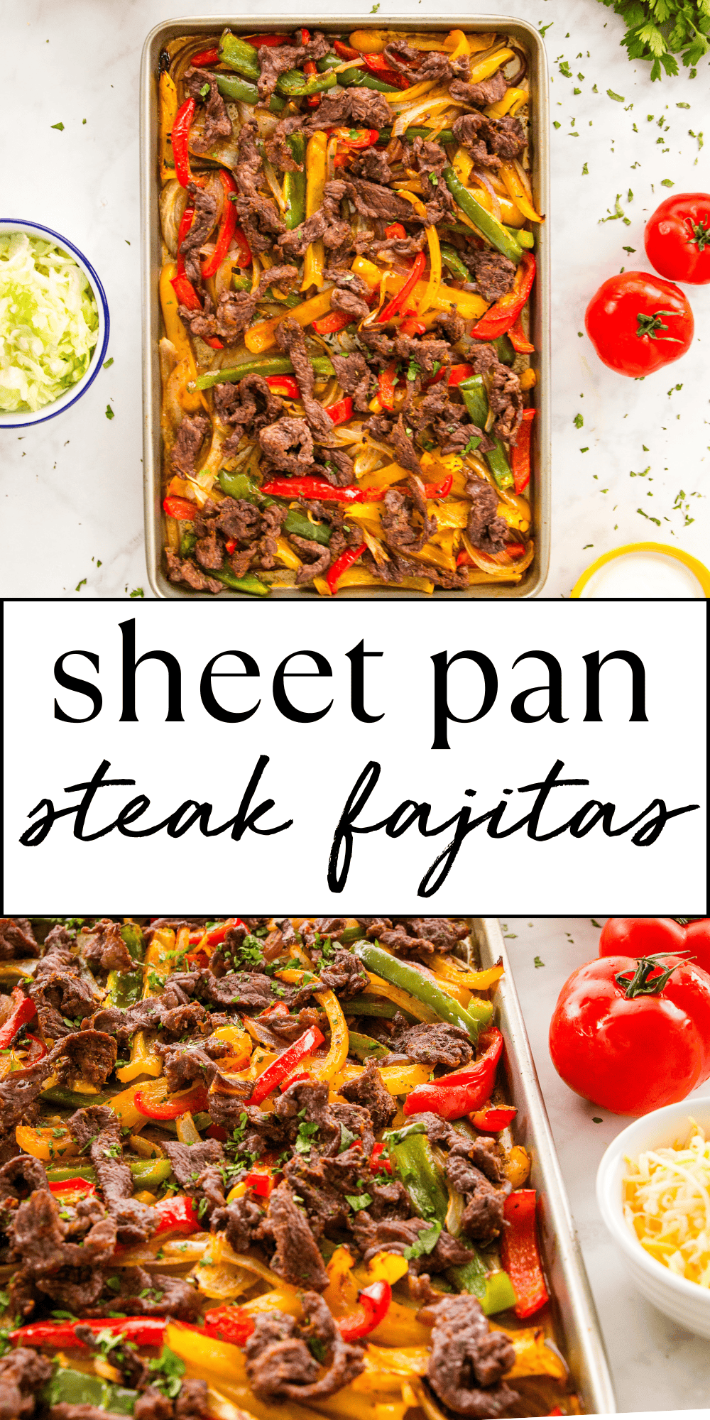 These Easy Sheet Pan Steak Fajitas make the perfect simple and healthy weeknight meal for busy families! Made with lean beef, fresh veggies and your favourite Mexican-style fixings! Recipe from thebusybaker.ca! #fajitas #mexican #steak #beef #healthy #familymeal #mealprep #easymeal #recipe #easy #texmex #foodblog via @busybakerblog