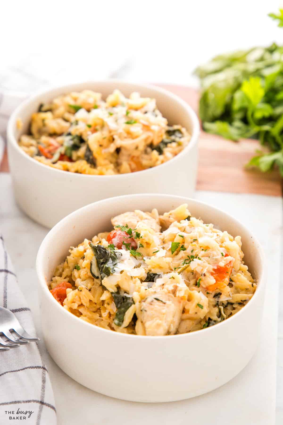 creamy orzo pasta in a bowl with tomatoes, spinach and cheese