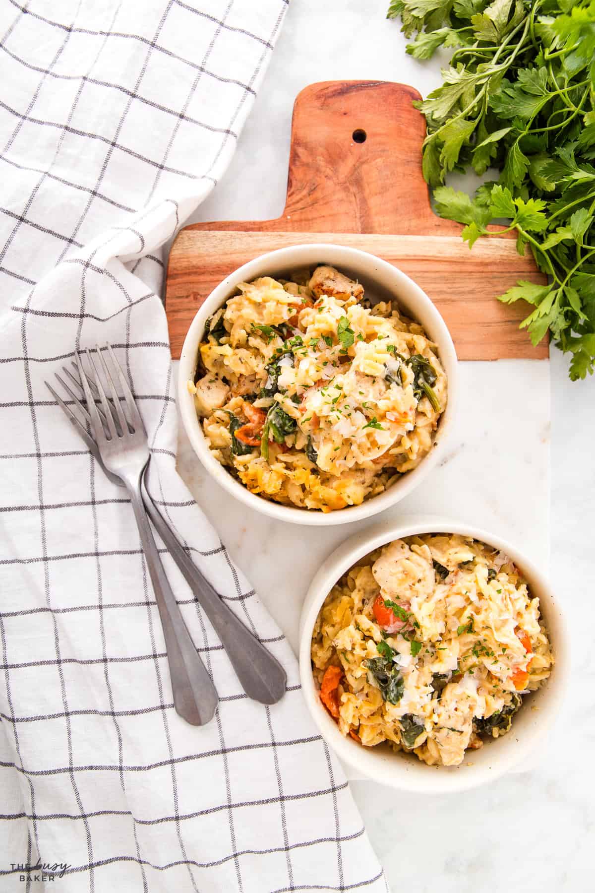 servings of orzo pasta bake with chicken