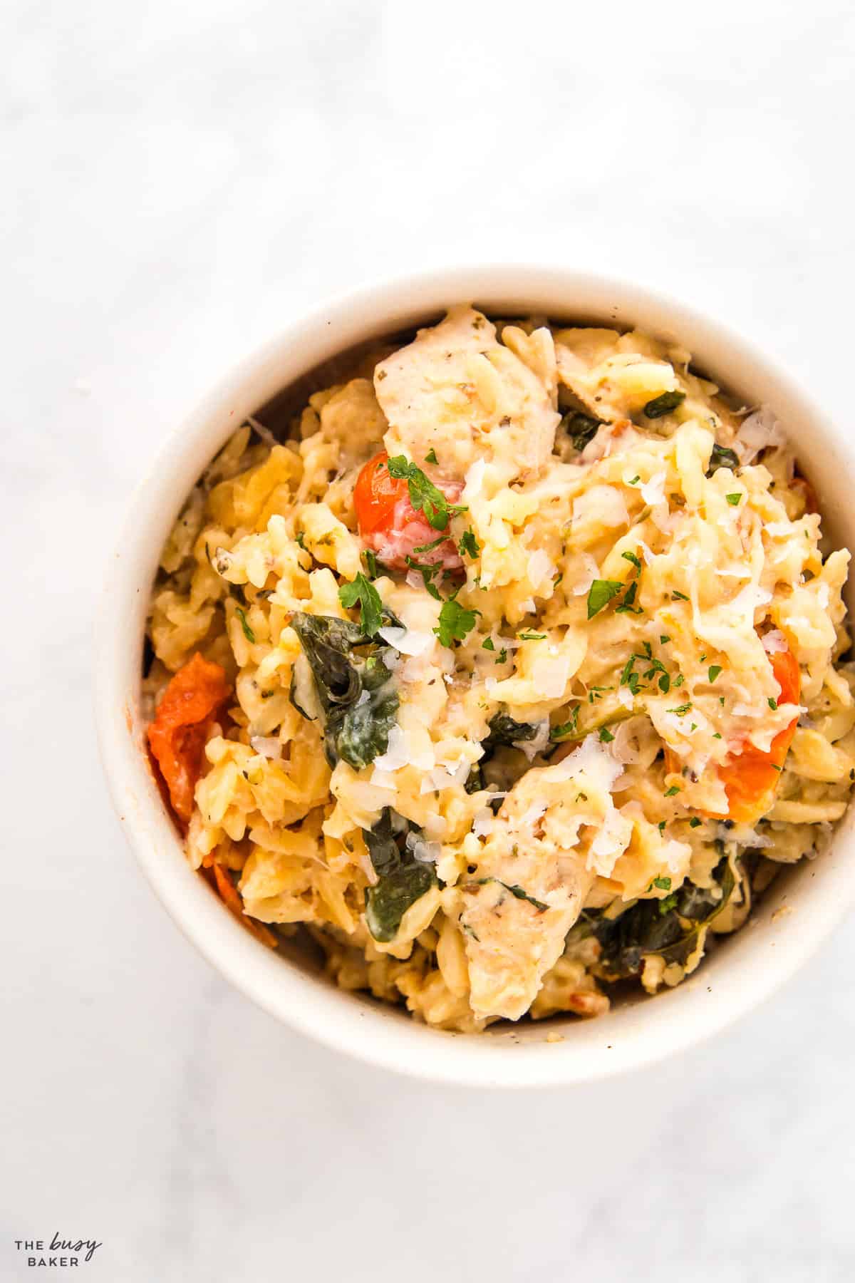 bowl of orzo pasta with chicken and cheese