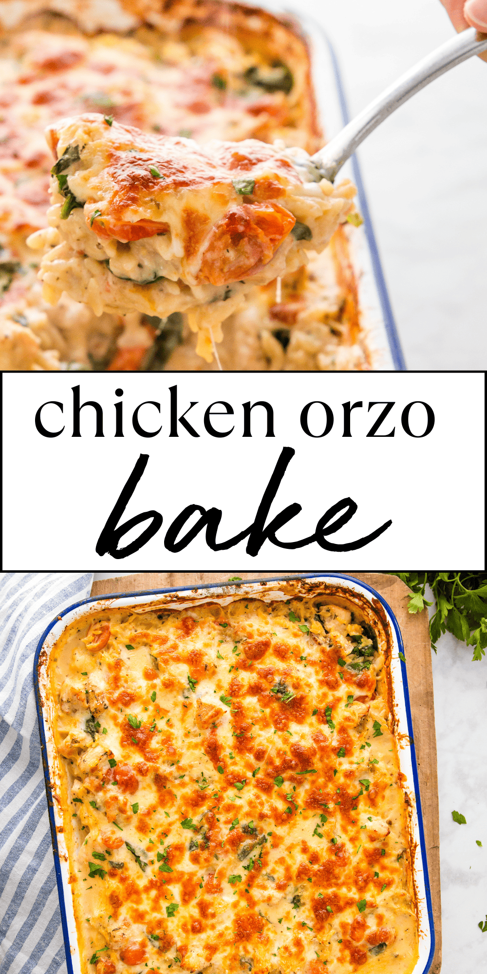 This easy Chicken Orzo Bake is the perfect easy meal that's ready in 30 minutes! Creamy chicken orzo pasta with cherry tomatoes and spinach, topped with cheese and baked to perfection - it's an easy casserole the whole family will love! Recipe from thebusybaker.ca! #chickenorzobake #chickenorzo #orzopasta #orzo #easydinner #easymeal #mealidea #mealplan #mealprep #dinnertime #familydinner via @busybakerblog