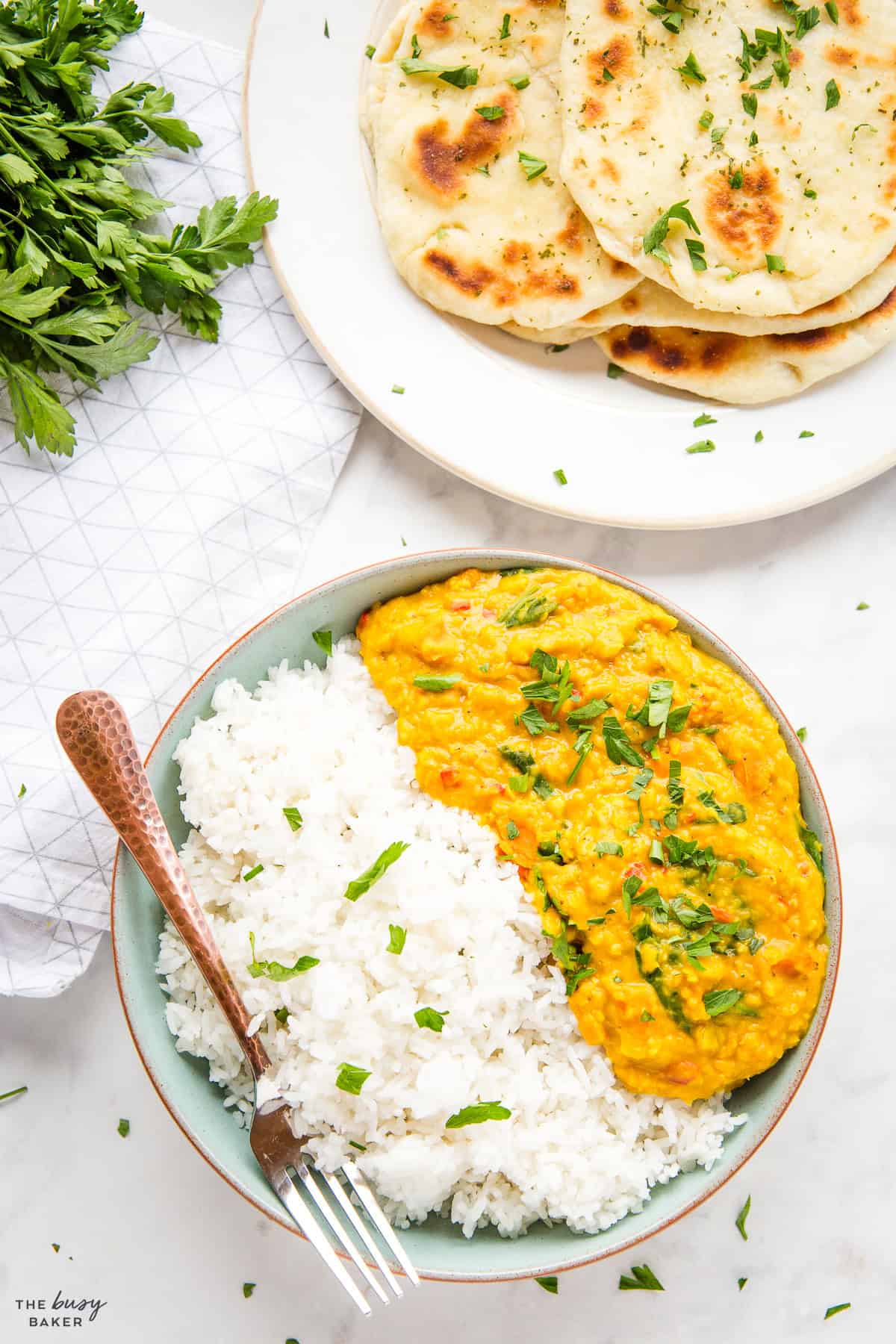 bowl of lentil curry with rice and naan bread