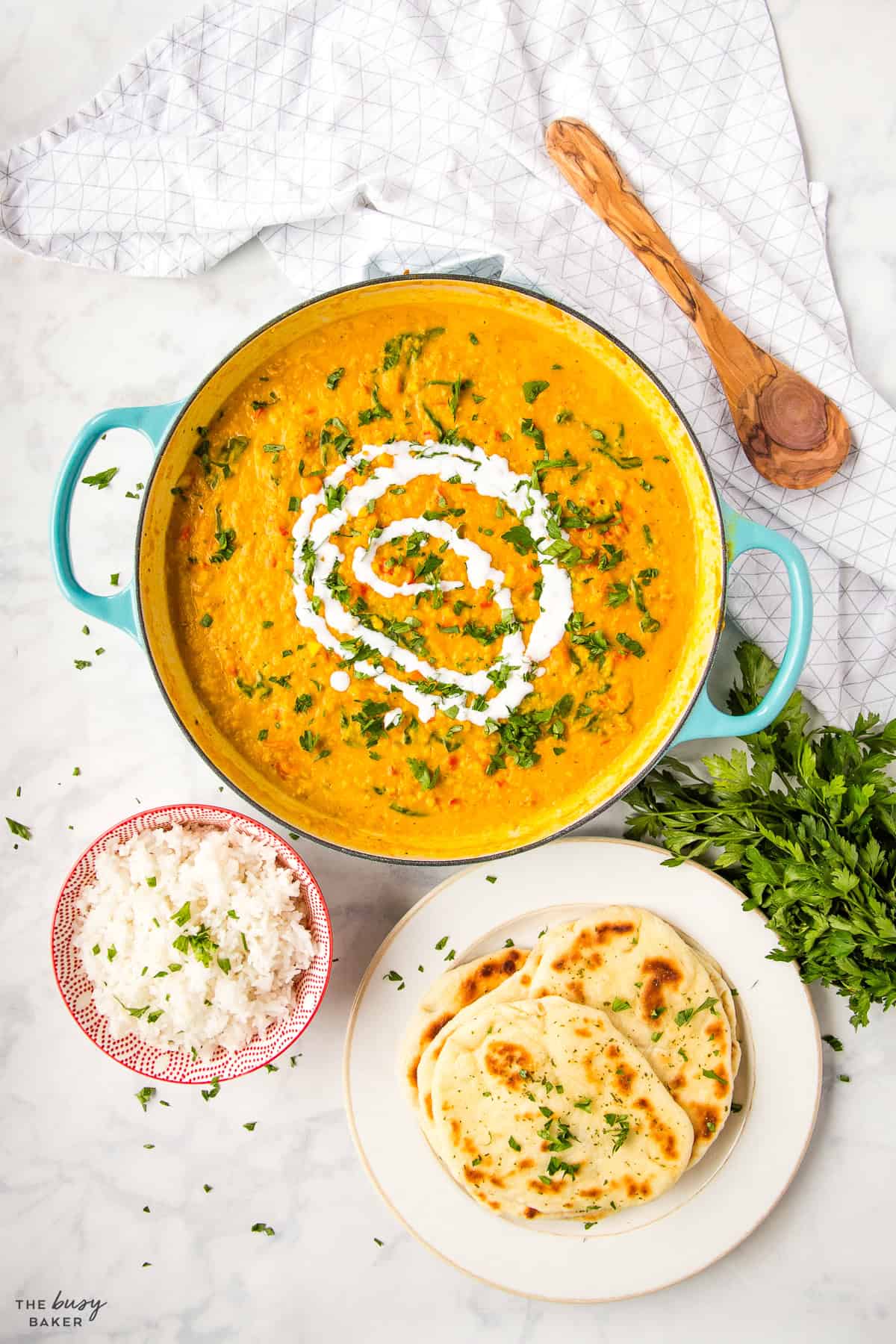 overhead image: easy lentil curry with rice and naan bread